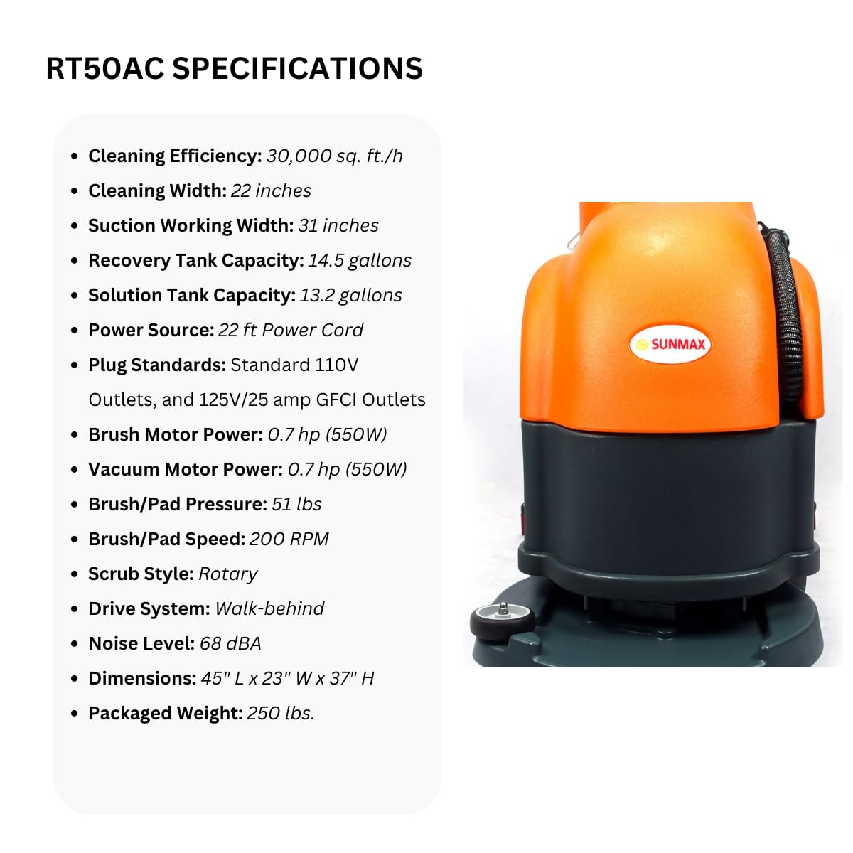 SUNMAX RT50AC 22" Electric Floor Scrubber Dryer Machine, 22 FEET Power Cord, 14.5-Gal Sewage Tank, 22" Brush/Pad Cleaning Width; 31" Squeegee Width