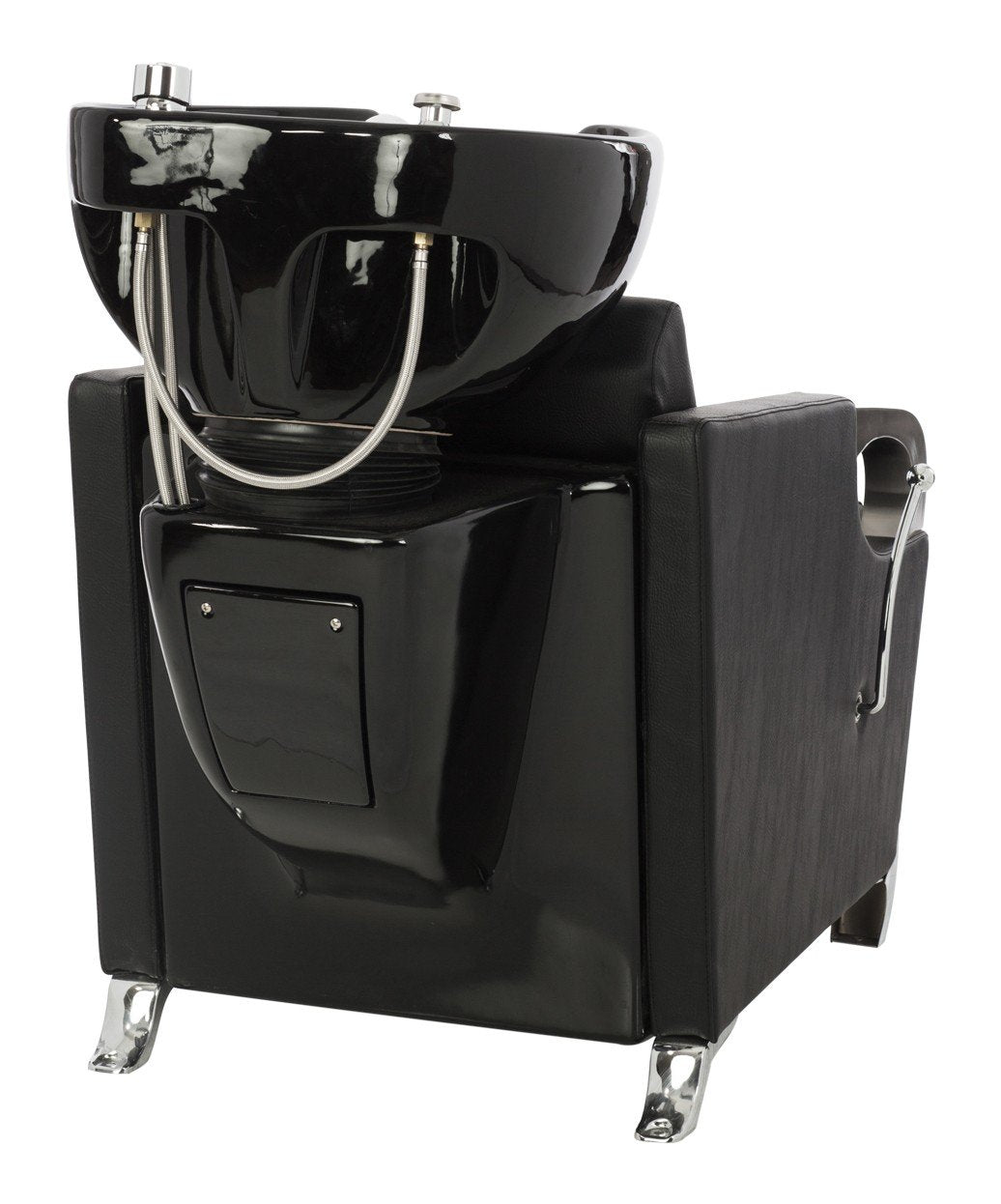 Buy-Rite Luna Shampoo Backwash Station with Black Tilting Porcelain Bowl, Extra Wide Seat with Leg Rest, Brushed Chrome Armrests, Single-Handle Faucet & Vacuum Breaker, YLG-583-1 (Black Sink)