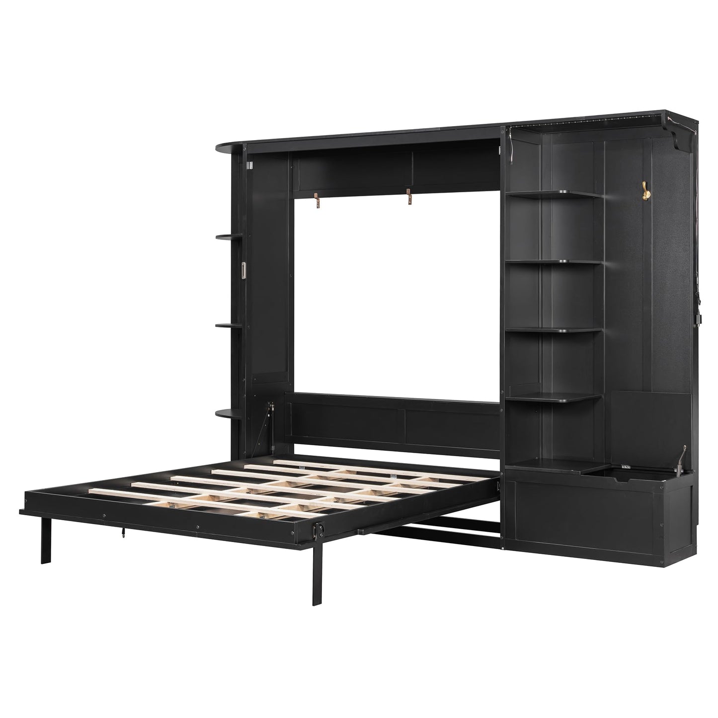 Merax Queen Size Murphy Bed with Storage and Lights, Hidden Fold-Out Legs, Foldable Murphy Cabinet Bed with Hook, Built-in Shelves & Cabinets, Wood Space-Saving Wall Bed for Guest Room Office, Black