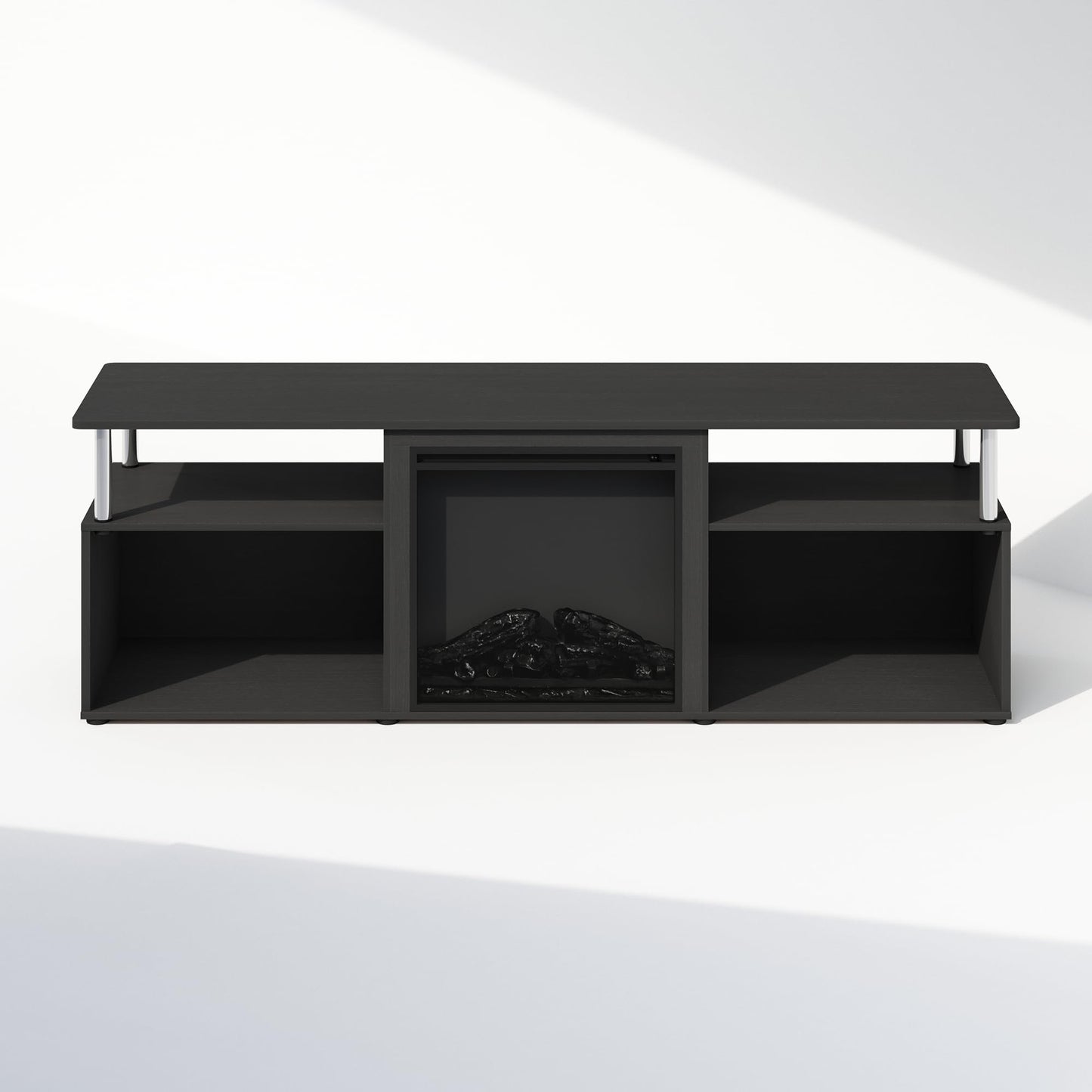 Furinno Jensen Fireplace TV Stand, NO Heat Decorative Electric Fireplace TV Stand for TV up to 70 Inch, with Open Storage, for Living Room, Americano/Stainless Steel