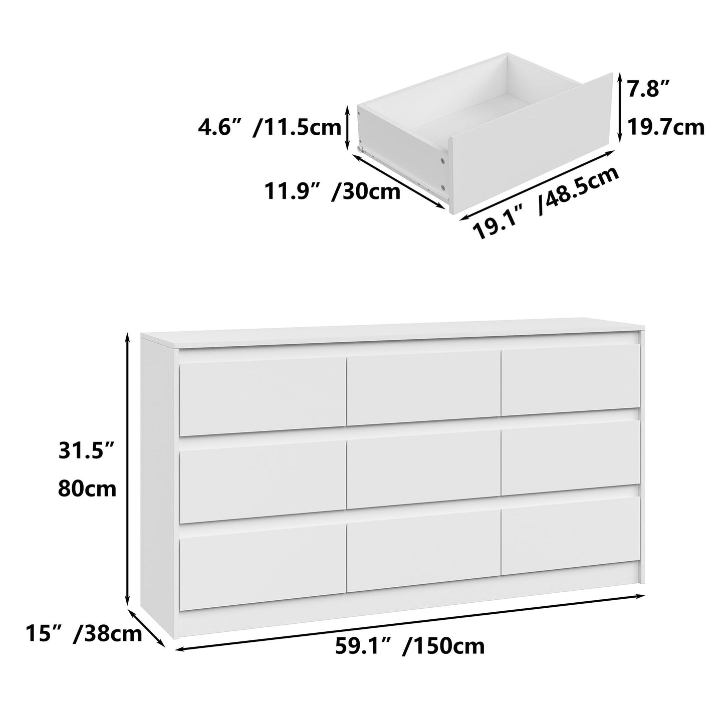 Furniouse Modern 9 Large Storage Drawers Dresser for Clothes Organizer, White Modern Chest of Drawers for Closet, 60" Long Drawer Organizer Cabinet for Bedroom,Living Room,Entryway,Hallway