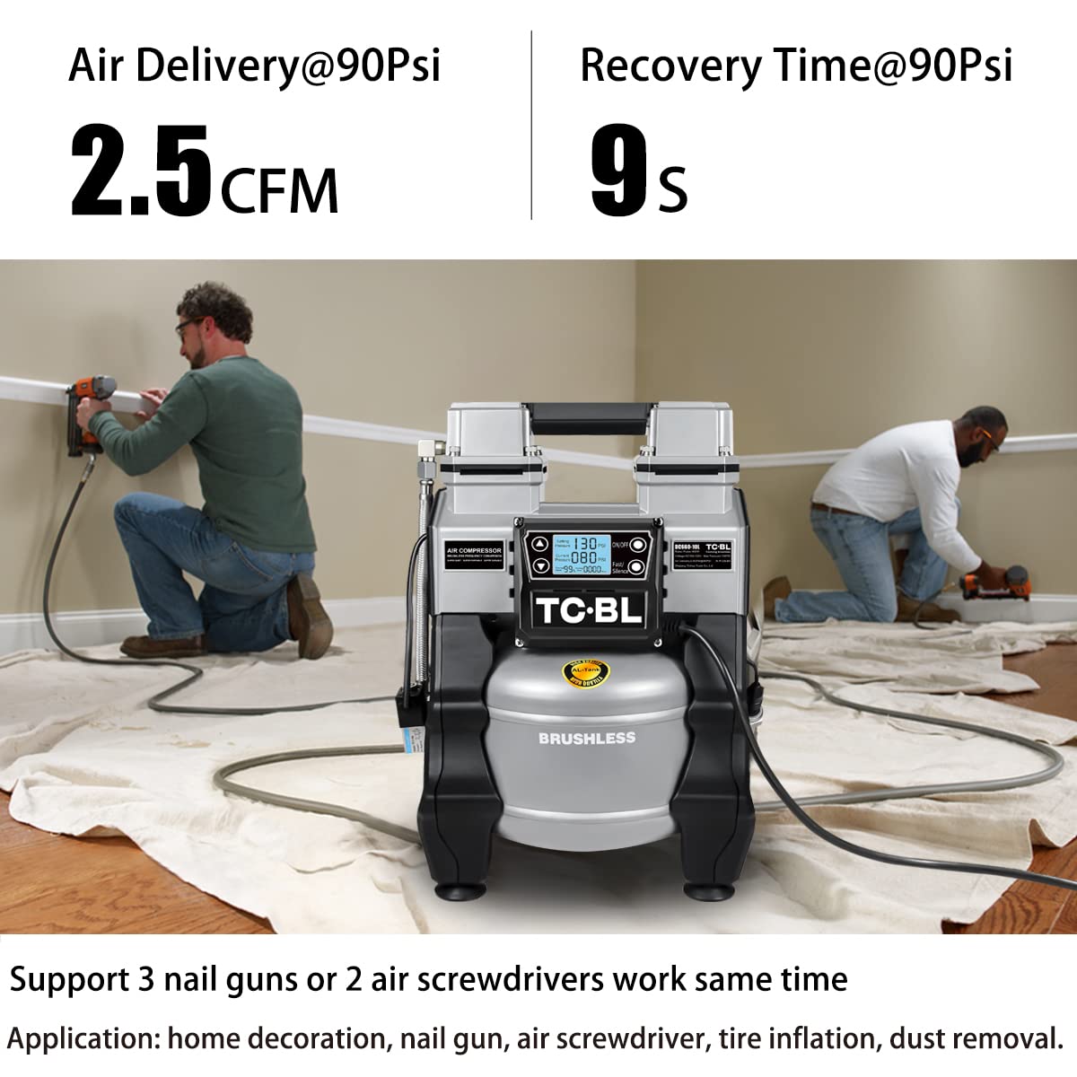 TC·BL Oil free Air Compressor 1.3HP Ultra Quiet Air Compressor Lightweight and with 2.6 Gallon Aluminum Tank