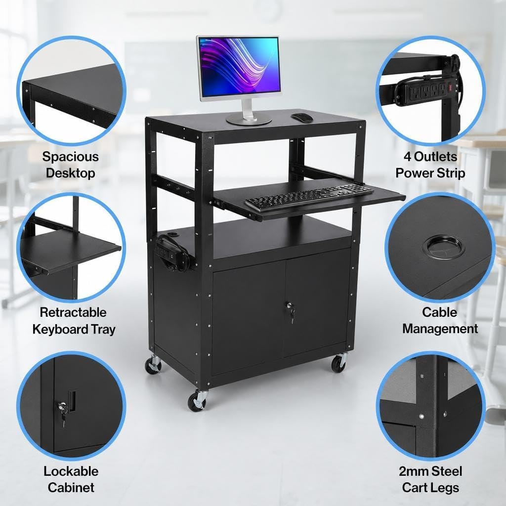 Rolling AV Cart with Locking Cabinet, Laptop Stand, and Drop Leaves, Height Adjustable Mobile Utility Cart Workstation with Extra Storage Space, Power Strip