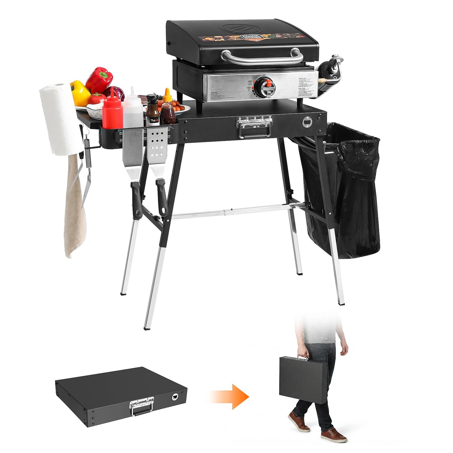 Outdoor Folding Grill Table, Adjustable Blackstone Griddle Stand, Fit 17” 22” Blackstone & Ninja Grills, Portable Camping Table for Outdoor BBQ & Tailgating