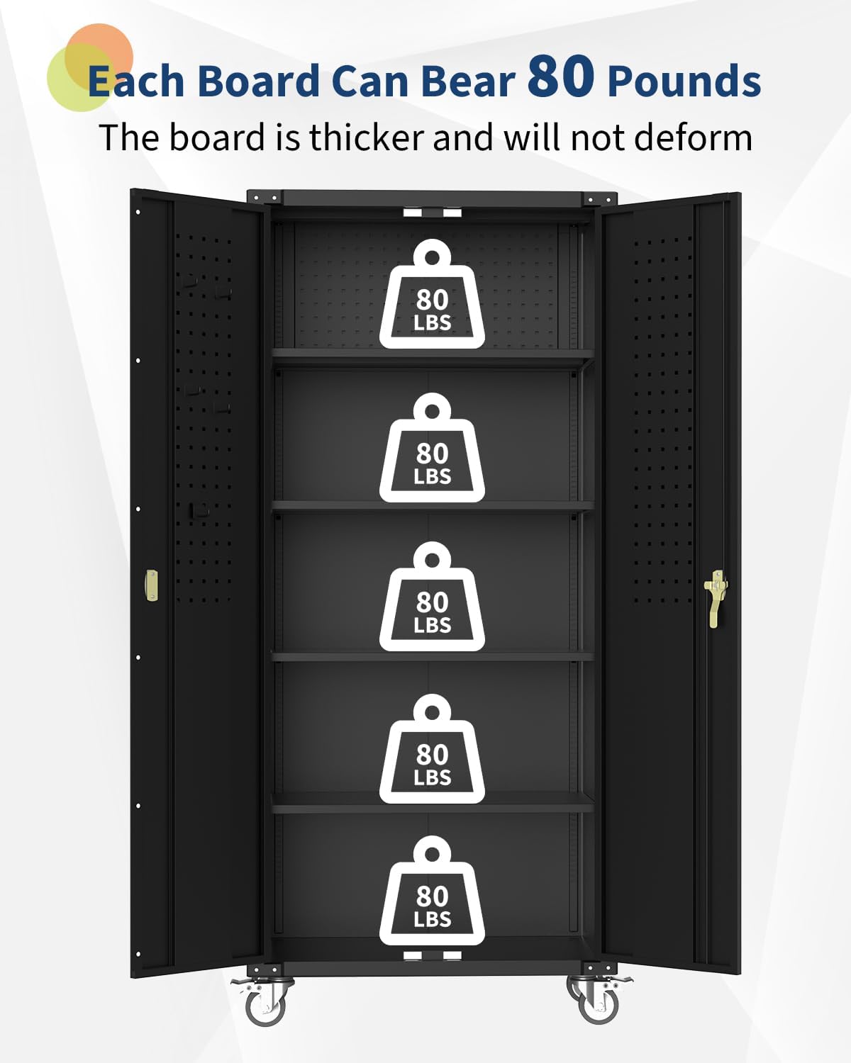 72-Inch H Black Metal Garage Storage Cabinet with Wheels & Pegboard, Locking 2-Door Rolling Storage Cabinet with 4 Adjustable Shelves for Garage, Workshop & Home Office