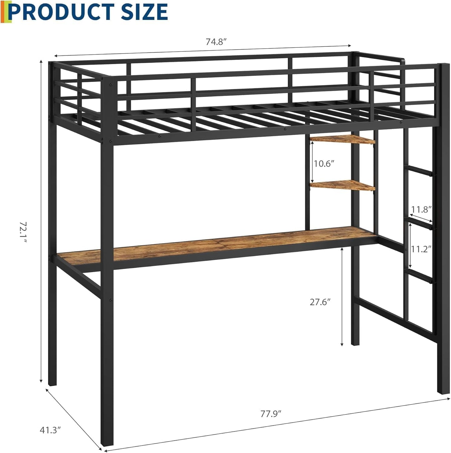 GAOMON Twin Size Loft Bed with Desk and Storage Shelves, Sturdy Metal Loft Bed with Steel Slats Support and Ladder for Kids and Adults, Safety Guardrail, Space Saving, Black and Brown