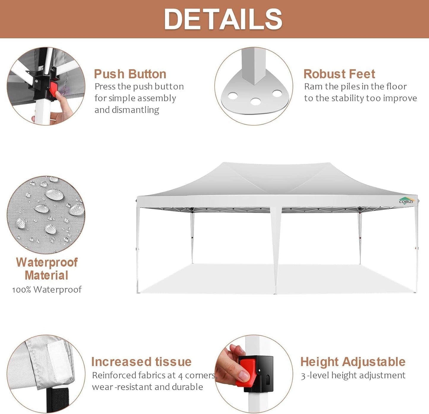COBIZI 10x20 Pop Up Canopy with 6 Sidewalls,10x20 Canopy Tent Frame Upgraded with 3 Adjustable Heights,Waterproof UV50+ Outdoor Party Commercial Ez Up Gazebos with Carry Bag(10 x 20 ft White)