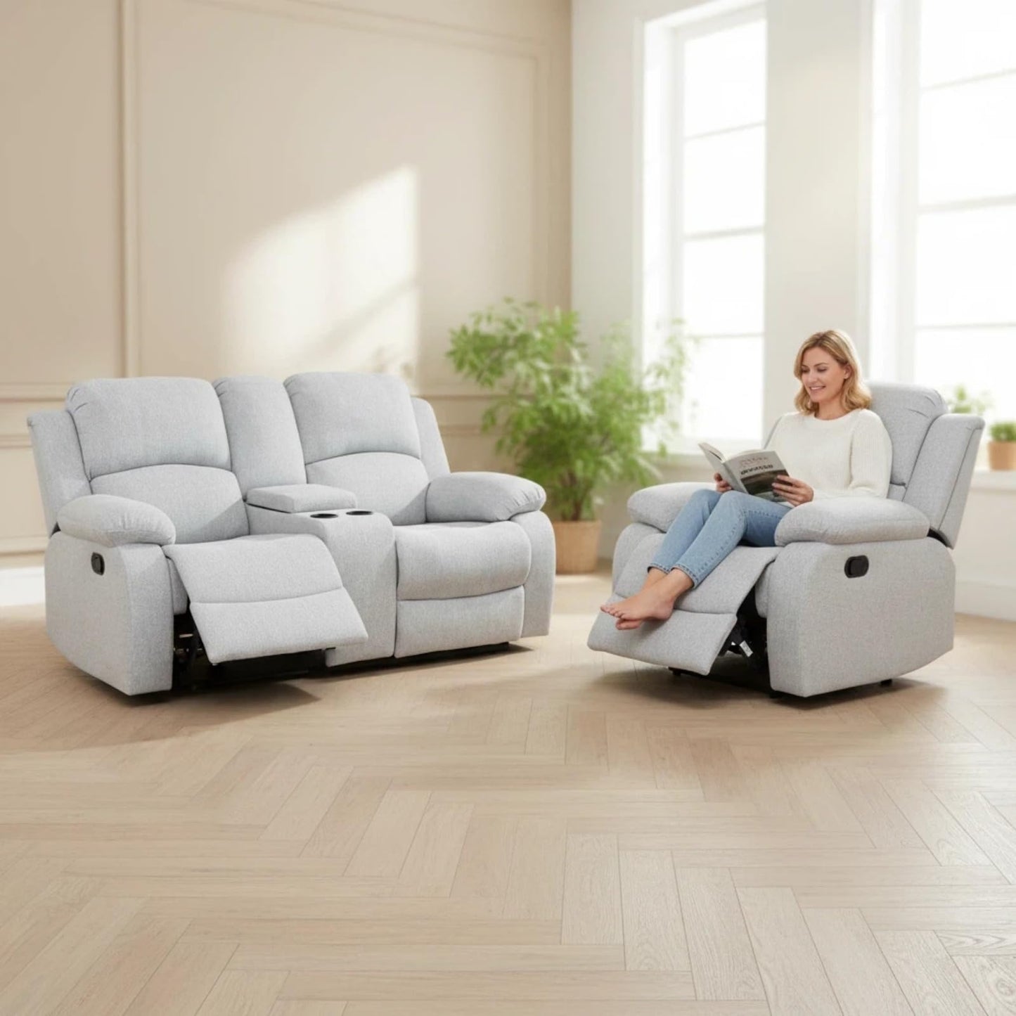 Trygoal Linen Recliner Sofa Set, Living Room Furniture Set, Adjustable Backrest Reclining Loveseat Sofa with Storage Console & Cup Holders, Manual Recliner Chair for House, Home Theater, Grey