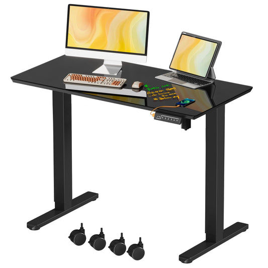 JOY worker Small Electric Standing Desk, 40" x 20" Whole Glass Piece Height Adjustable Desk with Memory Controller, Sit to Stand Desk Workstation for Home Office, Black