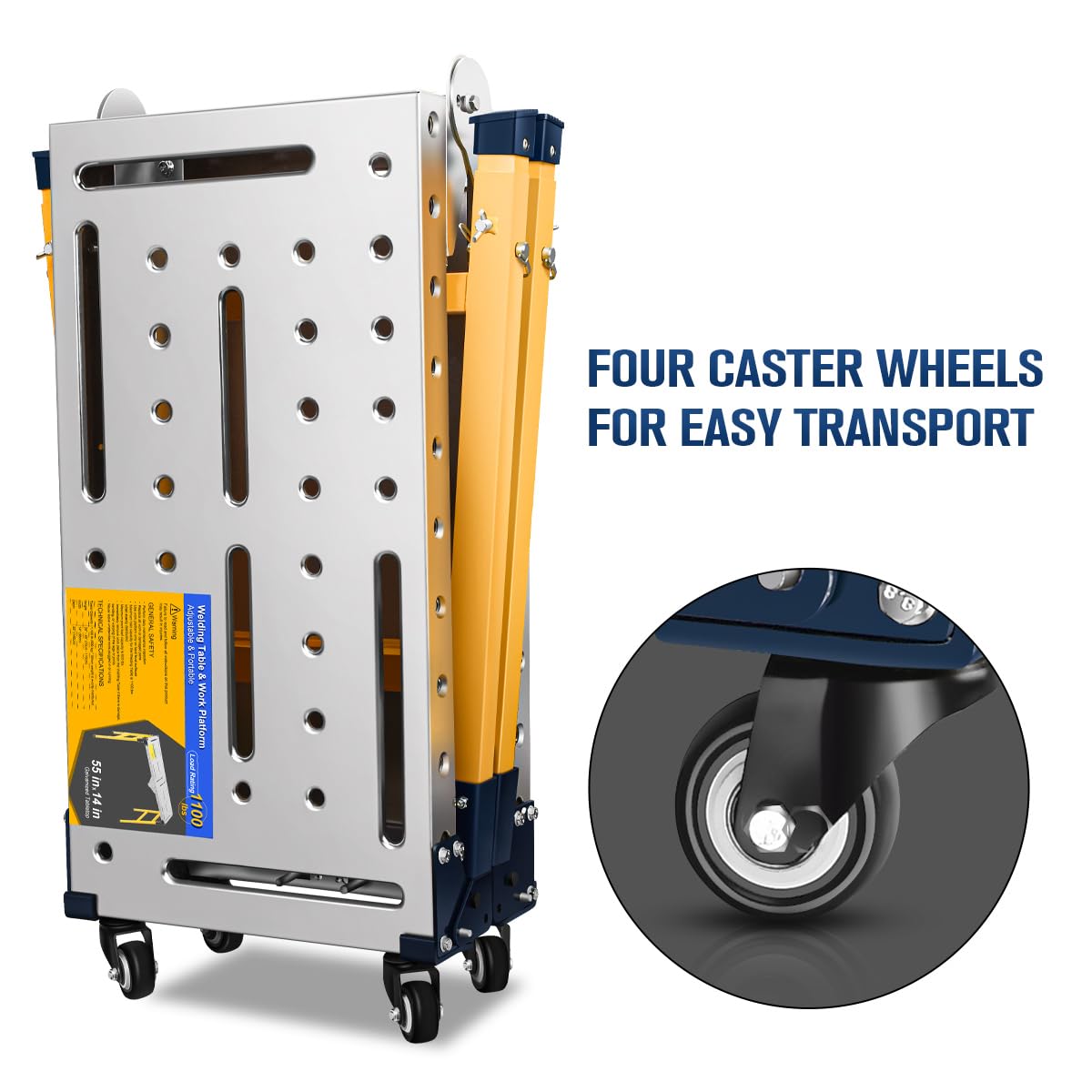 FUNTECK Versatile Portable Steel Work Platform and Welding Table with Casters | 55 x 14-inch Galvanized Tabletop | 1100 lbs. Load Capacity | Adjustable Height