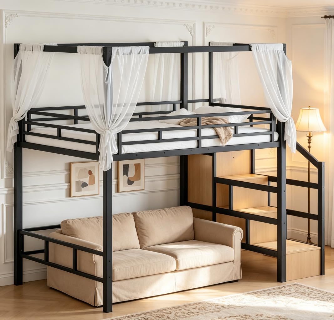 Bellemave Full loft Bed with Storage Stairs, Wardrobe, Canopy Support Pole, Metal Full Loft Bed Frame for Adults, Kids, Teens, Canopy can be Disassembled, Black+Natural Wood
