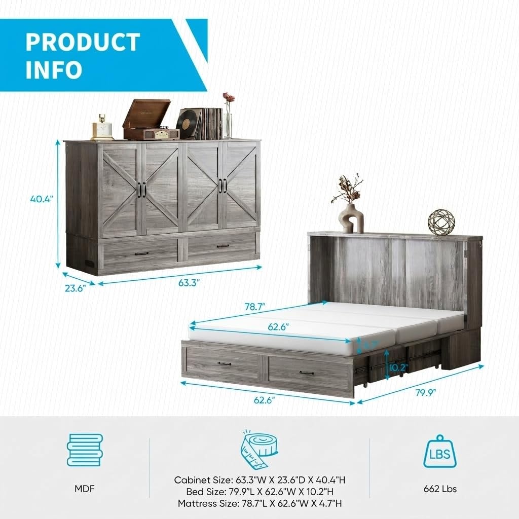 Mjkone Murphy Bed, Cabinet Beds Queen Size with Mattress Included, USB Charging Port, Drawer, Space Saving Queen Murphy Chest Bed, Hidden Cabinet Guest Wall Beds for Bedroom, Apartment, Grey