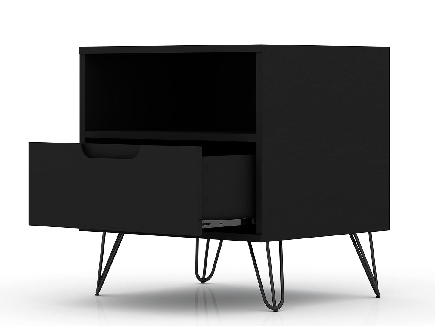 Manhattan Comfort Rockefeller Nightstands Set of 2 with Drawer and Cubby, Ideal for Bedroom and Living Room, Bedside Table with Mid Century Modern Design, Functional Storage Organizer, Black