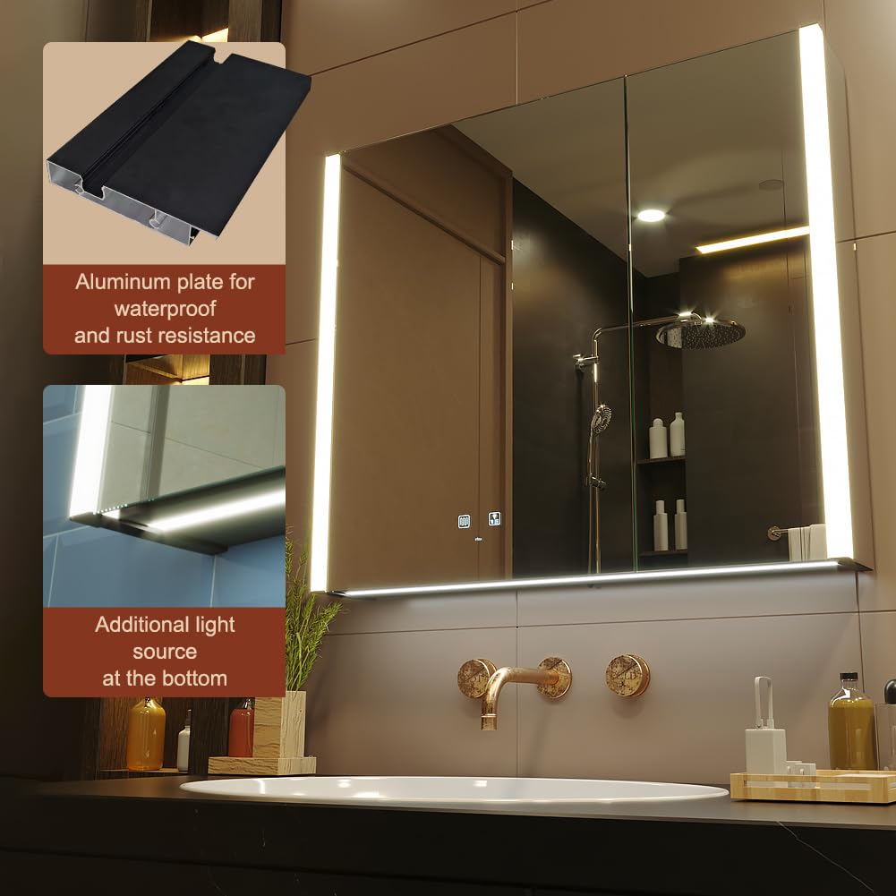KWW LED Lighted Bathroom Medicine Cabinet with Sockets & USBs, Defogger, Dimmable, 3 Color Light Makeup Mirror, Easy to Install, Wall Mounted Cabinet (2 door-31 * 28)