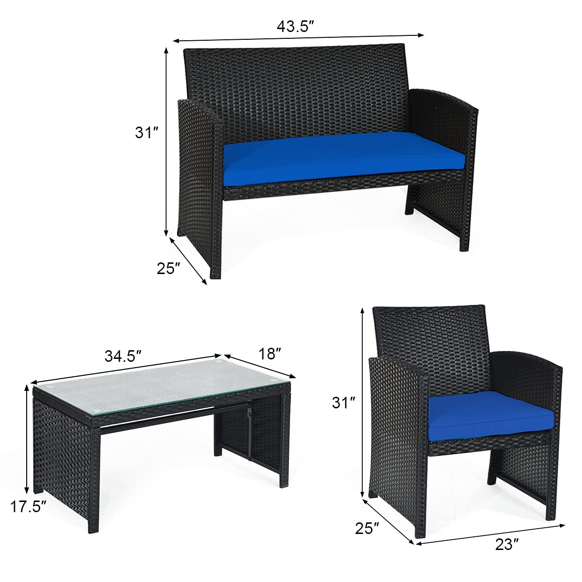 Tangkula 4 Pieces Patio Wicker Conversation Furniture Set, Patiojoy Sofa & Table Set w/4 Seats, Outdoor Rattan Sofa Set for Balcony Backyard, Wicker Chair Set with Tempered Glass Coffee Table