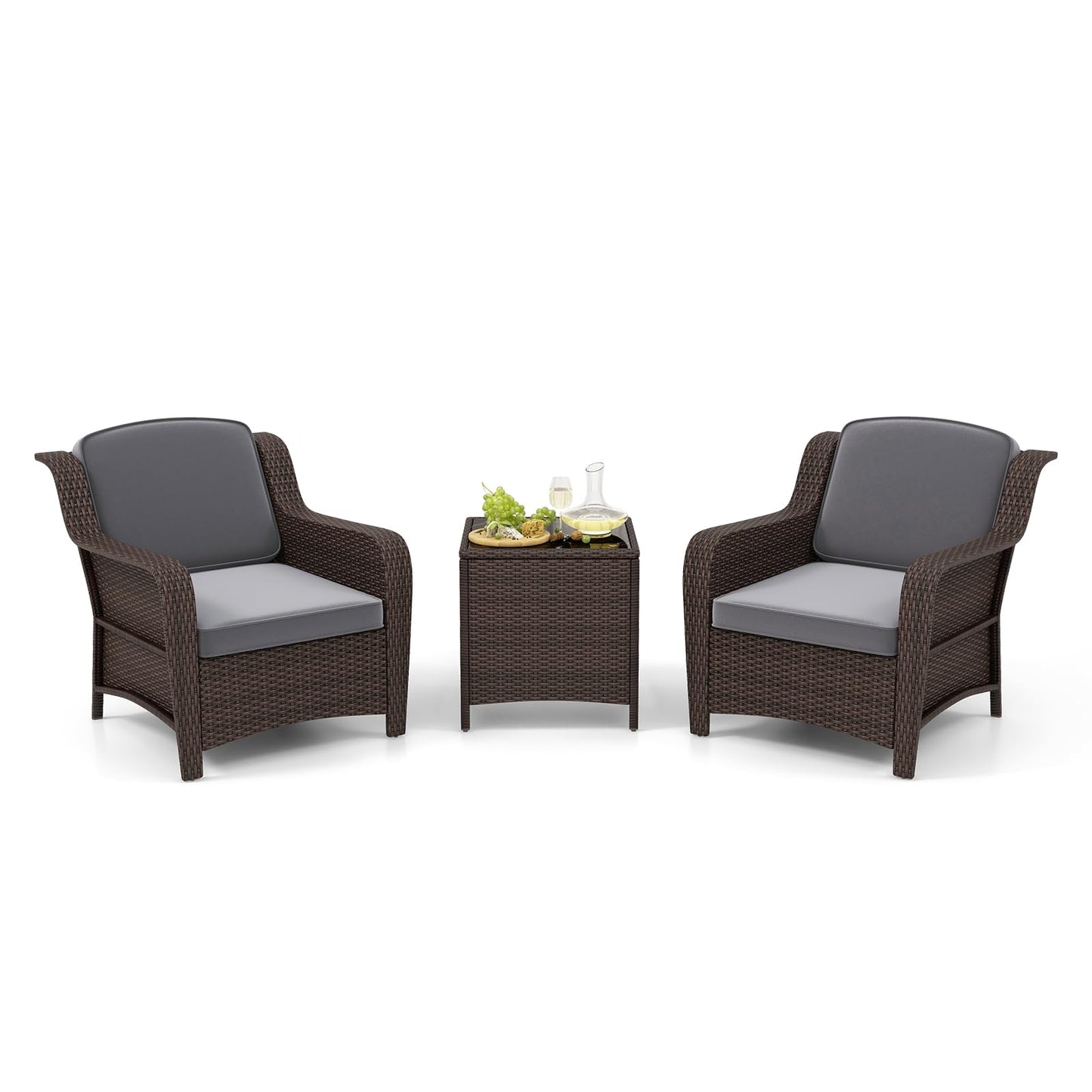 Tangkula 3 Pieces Outdoor Patio Furniture Set, Patiojoy PE Rattan Wicker Chairs with Cushions and Tempered Glass Coffee Table, Outdoor Wicker Conversation Bistro Set for Porch, Balcony, Garden (Gray)
