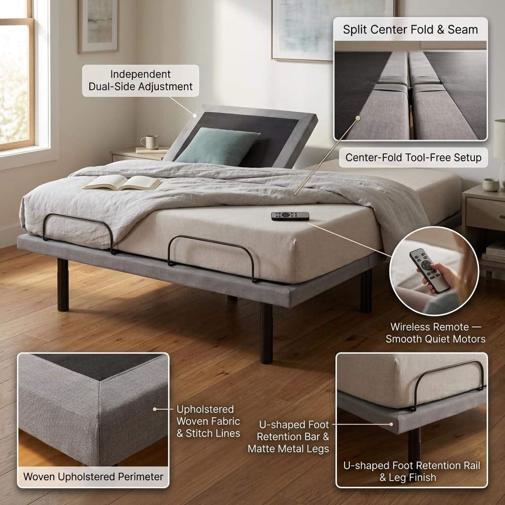 Oftenlucky Queen Size Bed Frame Split Adjustable Bed Base with Head and Foot Position Adjustments| Wireless Remote Control| Dual Motor Queen Adjustable Bed Frame with Remote| Steel Construction