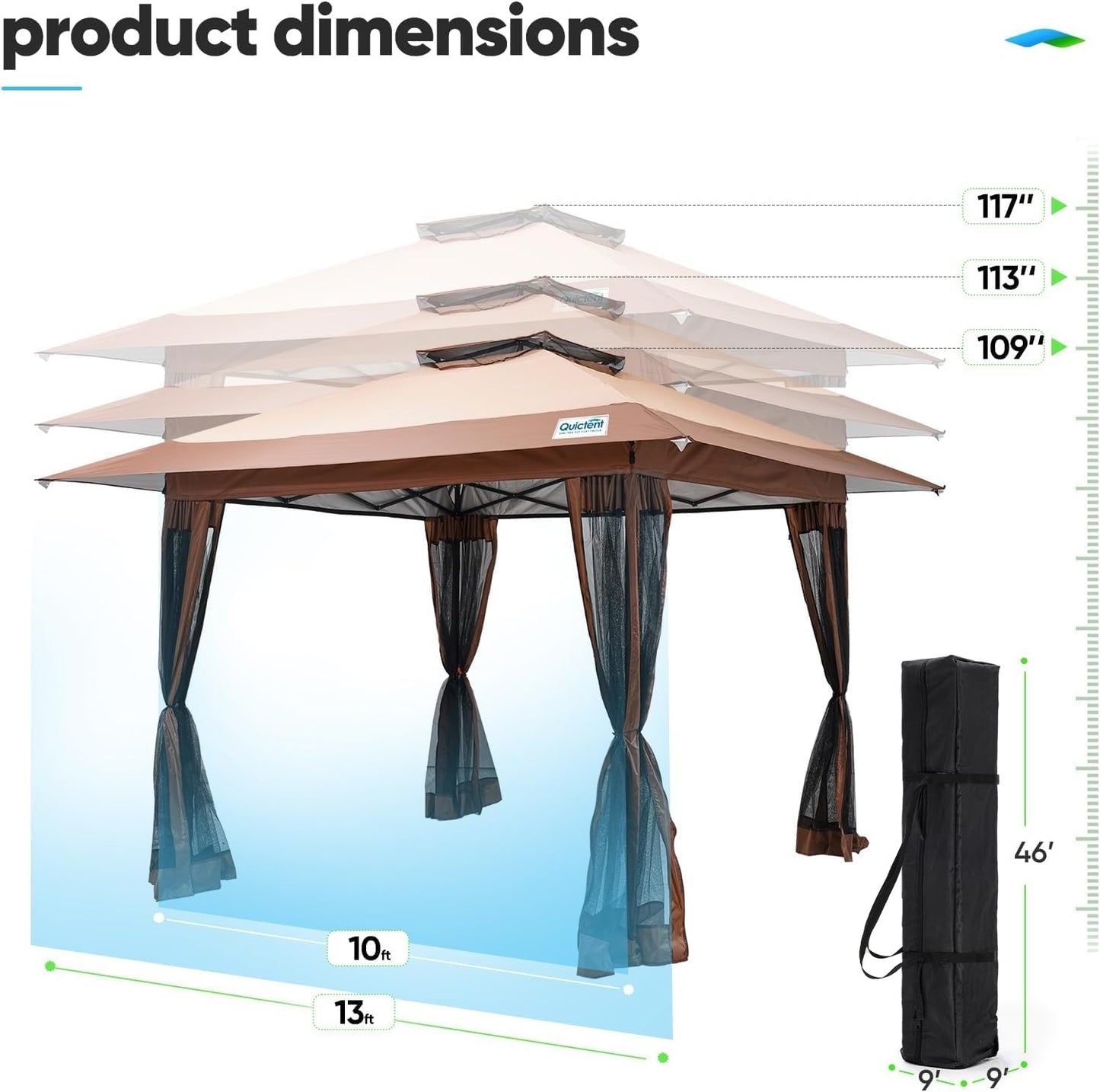Quictent 13'x13' Pop up Gazebo Canopy Tent, One Person Set up Portable Instant Folding Shelter, Outdoor Canopy Tent with Extra Shade for Backyard, Patio, Party