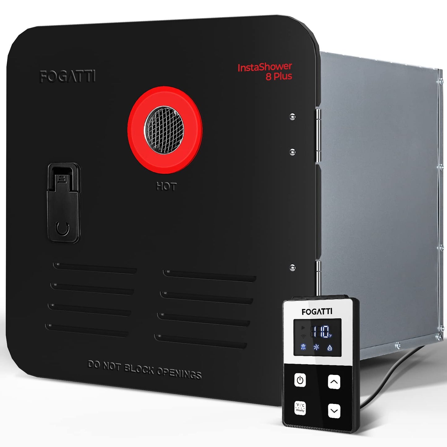 FOGATTI InstaShower 8 Plus RV Tankless Water Heater, 3 Door Size Options (15"x15"/15"x18"/18"x18") for Easy Retrofit, 12V DC, Remote Controller, Propane, Ideal for RV Families & Campers, Gen 3
