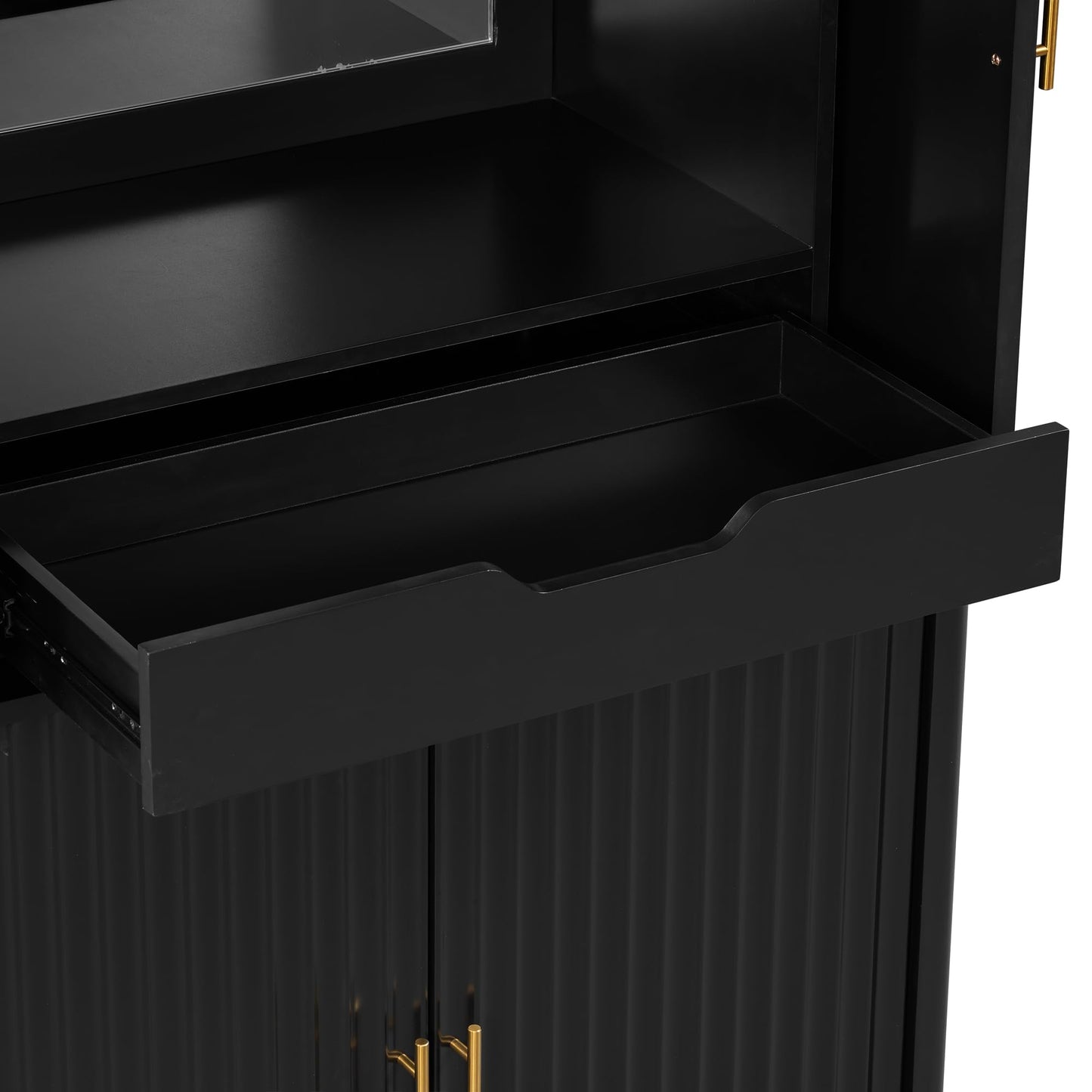 Merax Modern Fluted Wine Storage Cabinet with 4-Door & Stemware Rack, 70.9" Tall Pantry Cabinet with 1 Drawer & Adjustable Shelves & Glass Display, Freestanding Sideboard Bar Cabinet (Black)