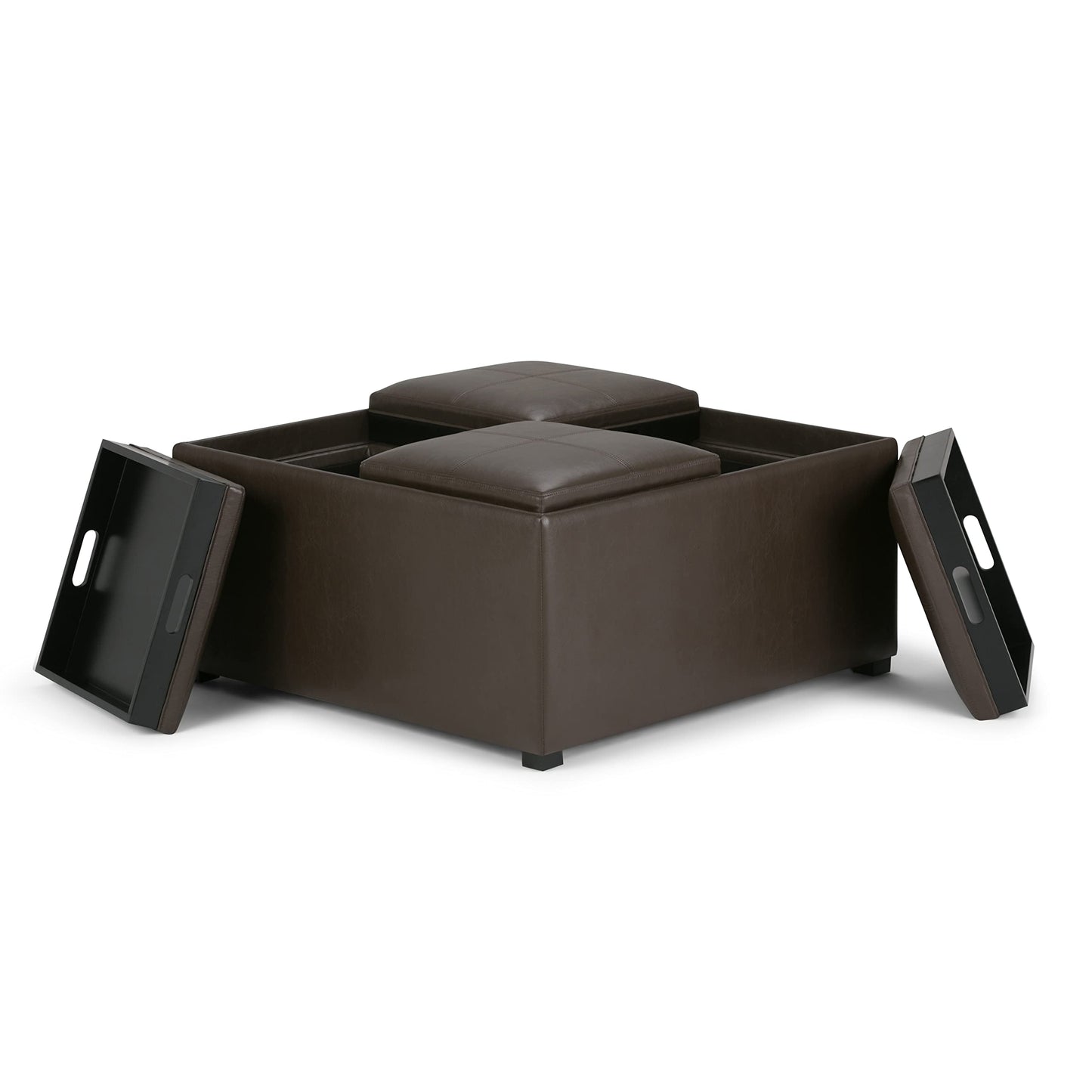 SIMPLIHOME Avalon 35 inch Wide Contemporary Square Coffee Table Storage Ottoman in Chocolate Brown Vegan Faux Leather, Assembled, For the Living Room and Bedroom