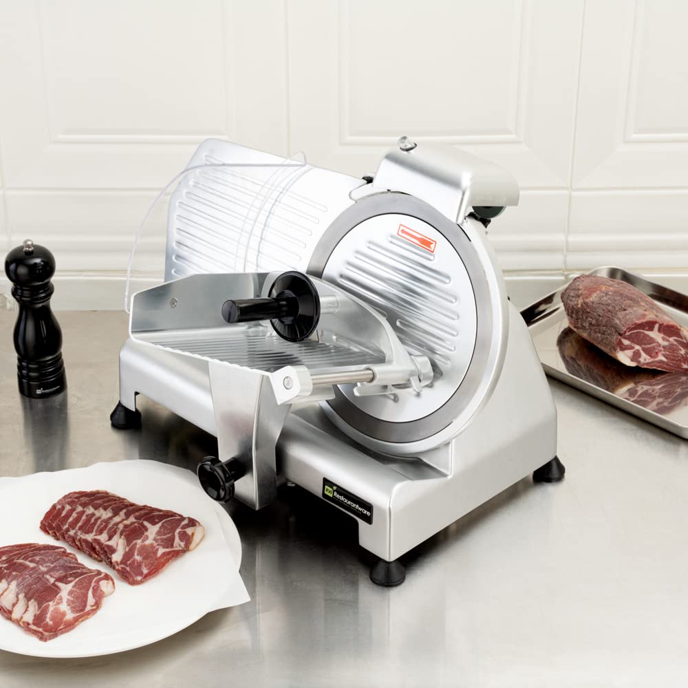 Restaurantware Bio Tek Meat Slicer 1 Adjustable Slice Size Manual Slicer - 200W Operation 0.25 Horsepower Stainless Steel Deli Slicer Built-In Sharpener Fixed Ring Guard