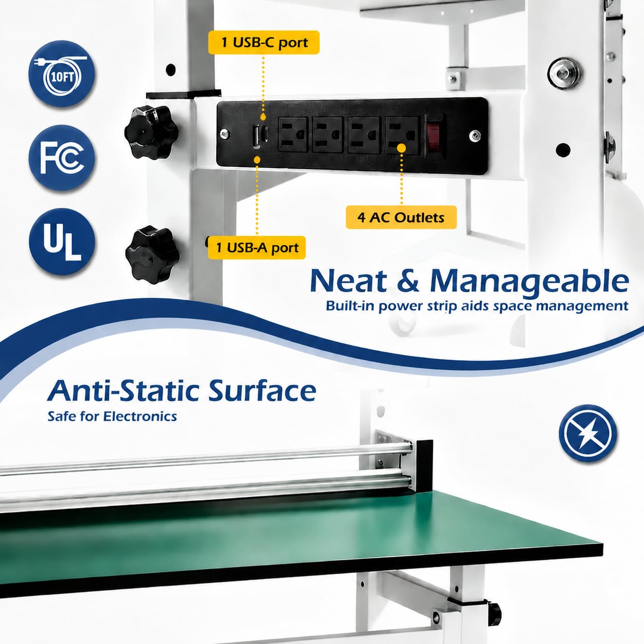 NEESEEYEE E-Commerce Packing Table, Mobile Iron-Wood Shipping Station with Built-in Power & LED, Ergonomic Standing Workbench with ESD Surface, Tape Dispenser & Storage Shelves, 1400 LBS