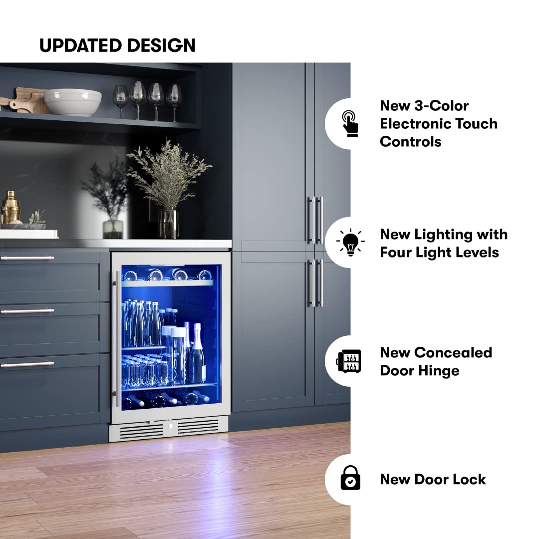 Zephyr Presrv 24 Inch Beverage and Wine Fridge Single Zone Under Counter, Built-in Drink Refrigerator, 7 Bottles, 108 x12oz Cans