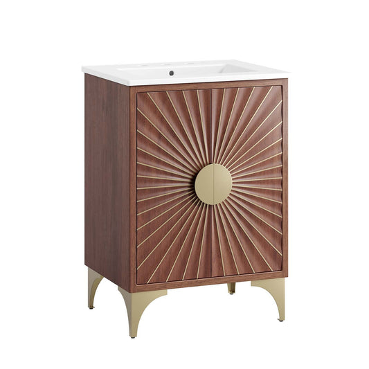 Modway Daylight Bathroom Vanity Cabinet with Ceramic Sink Basin, 24 Inch, White Walnut