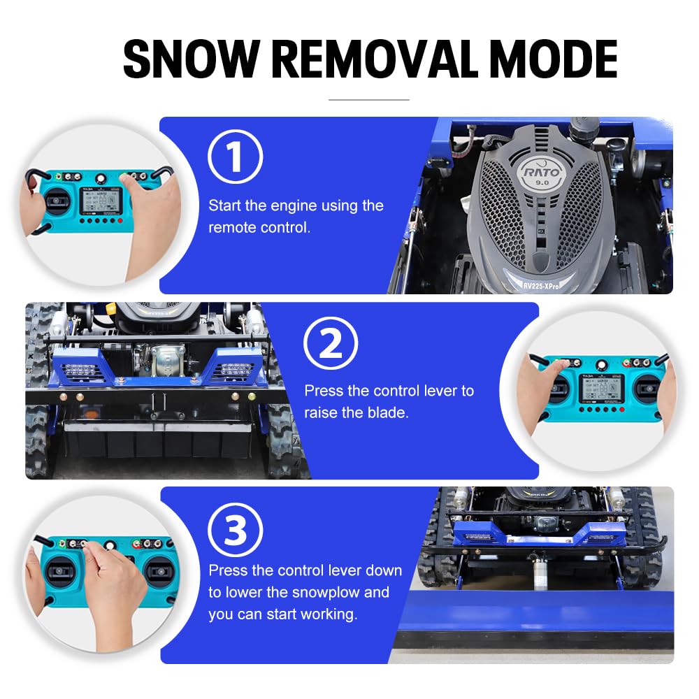 Remote Control Lawn Mower with Snow Plow Attachment–700m Range, Hybrid Gas-Electric Power, Track Design, All-Terrain, Adjustable Cutting Height (0.79-5.9 inches)