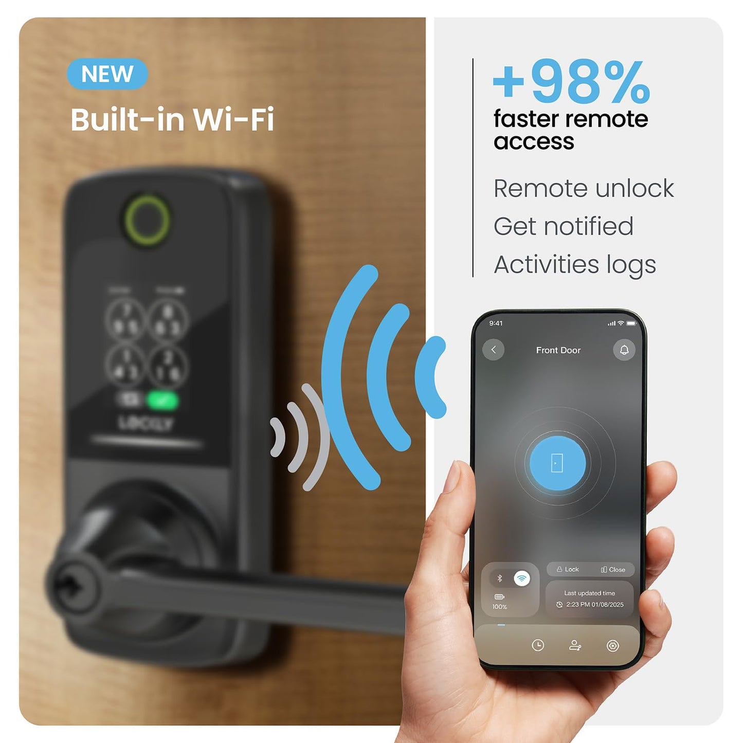 Lockly Secure Pro Smart Lock with Handle - Biometric Fingerprint & Patented Anti-Peep PIN Genie Keypad, Built-in Wi-Fi Keyless Entry Door Lock, App Remote Control, Works with Alexa & Google Assistant