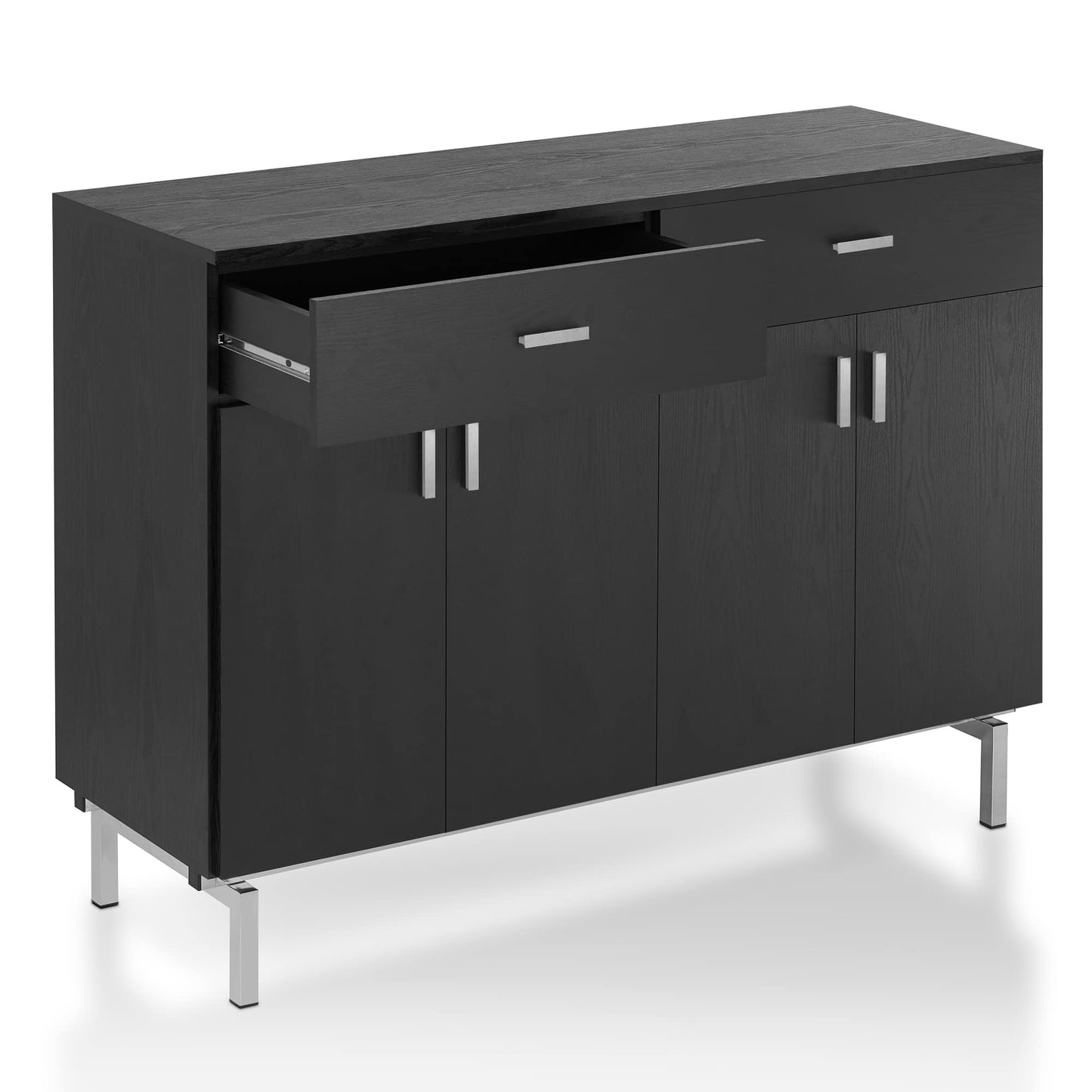 Furniture of America Brysin Modern 48-inch Sideboard Buffet Cabinet with Removable Wine Holder, 2 Drawers On Metal Glides and 2 Storage Compartments for Dining Room, Black and Silver