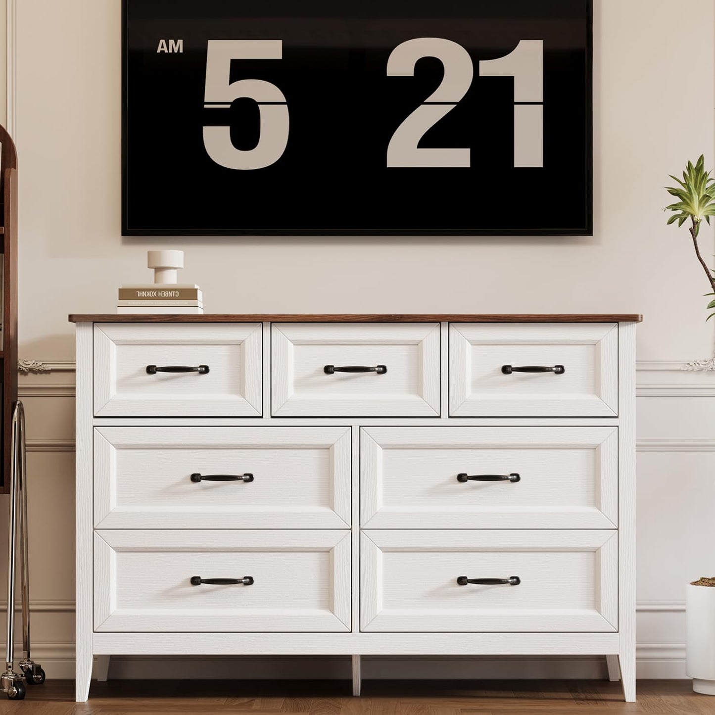 Gizoon Farmhouse 7 Drawers Dresser, White Chest of Drawers with Metal Handles, 47" Wide Wooden Storage Organizer for Bedroom, Hallway, Living Room, Tabletop-Retro