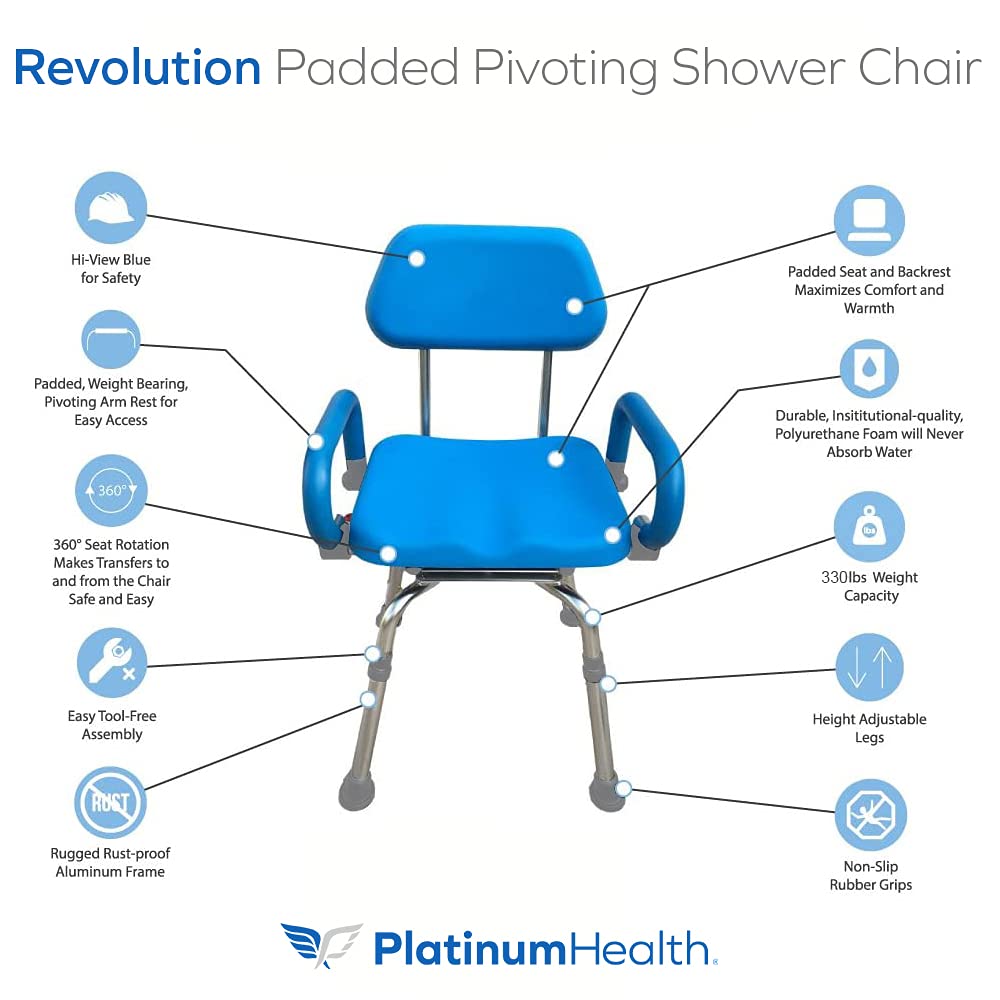 Platinum Health Revolution Pivoting Shower Chair for Bathtub, Adjustable Swivel Seat with Padded Back and Arms, Space Saving Design for Tubs, Shower, for Elderly, Handicap & Seniors, Aluminum, Blue