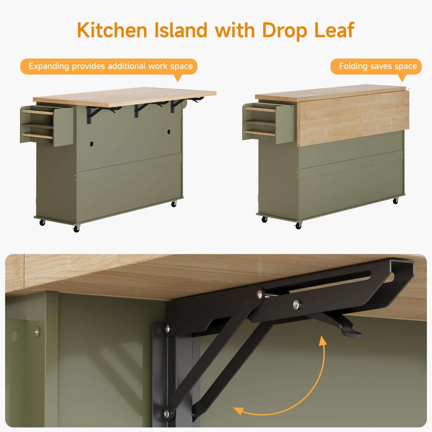 ComfyCorner 60" Rolling Large Kitchen Island on Wheels with Extendable Table, Drop Leaf & Power Outlet, Mobile Kitchen Cart with Storage Cabinet, 2 Drawers, Spice Rack, Towel & Knife Holder, Green