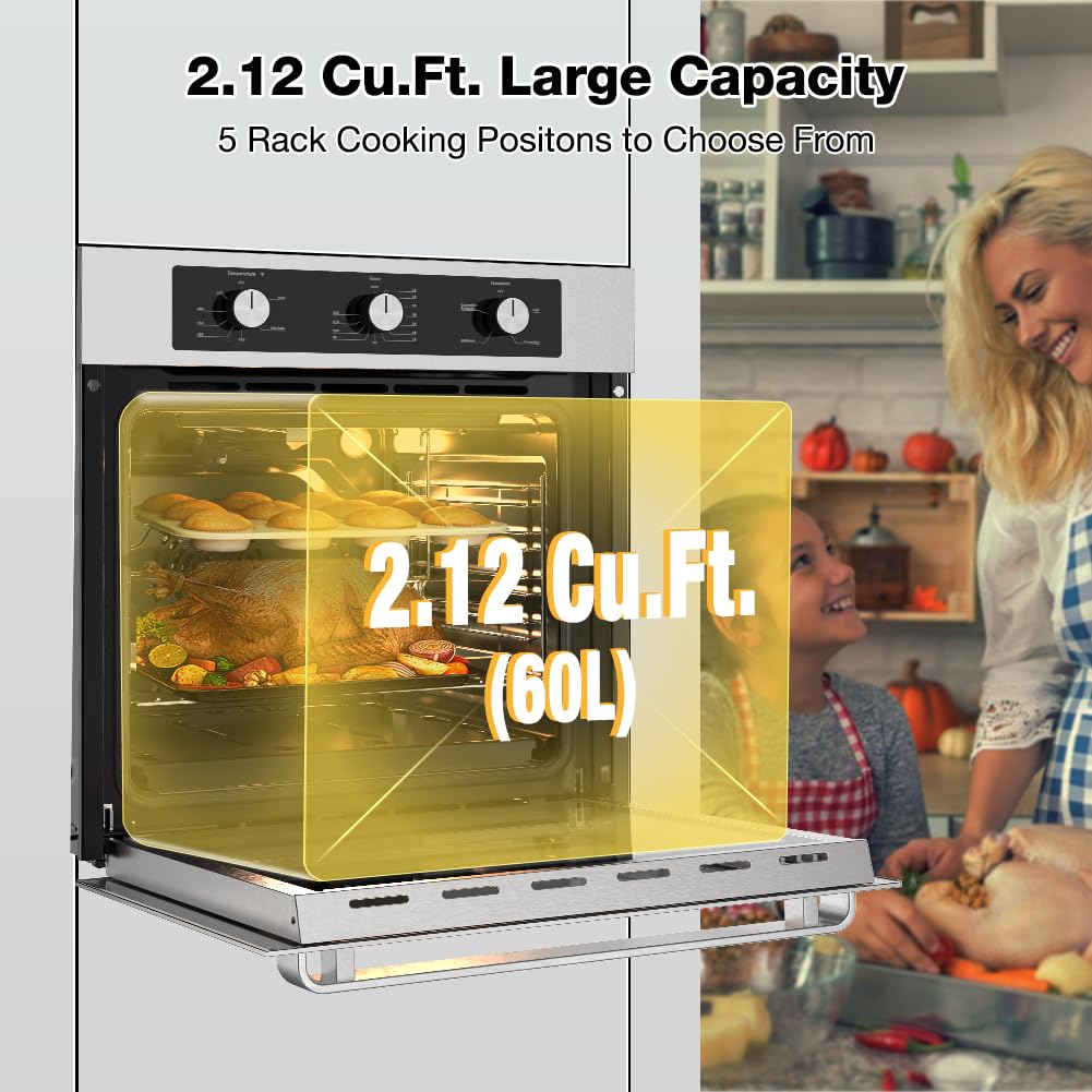 Thermomate 24" Gas Wall Oven, ETL Certified, 2.12 Cu.ft. Natural Gas with Bake Broil Rotisserie Functions, Timer and Convection Fan, 120V Cord Plug, Stainless Steel
