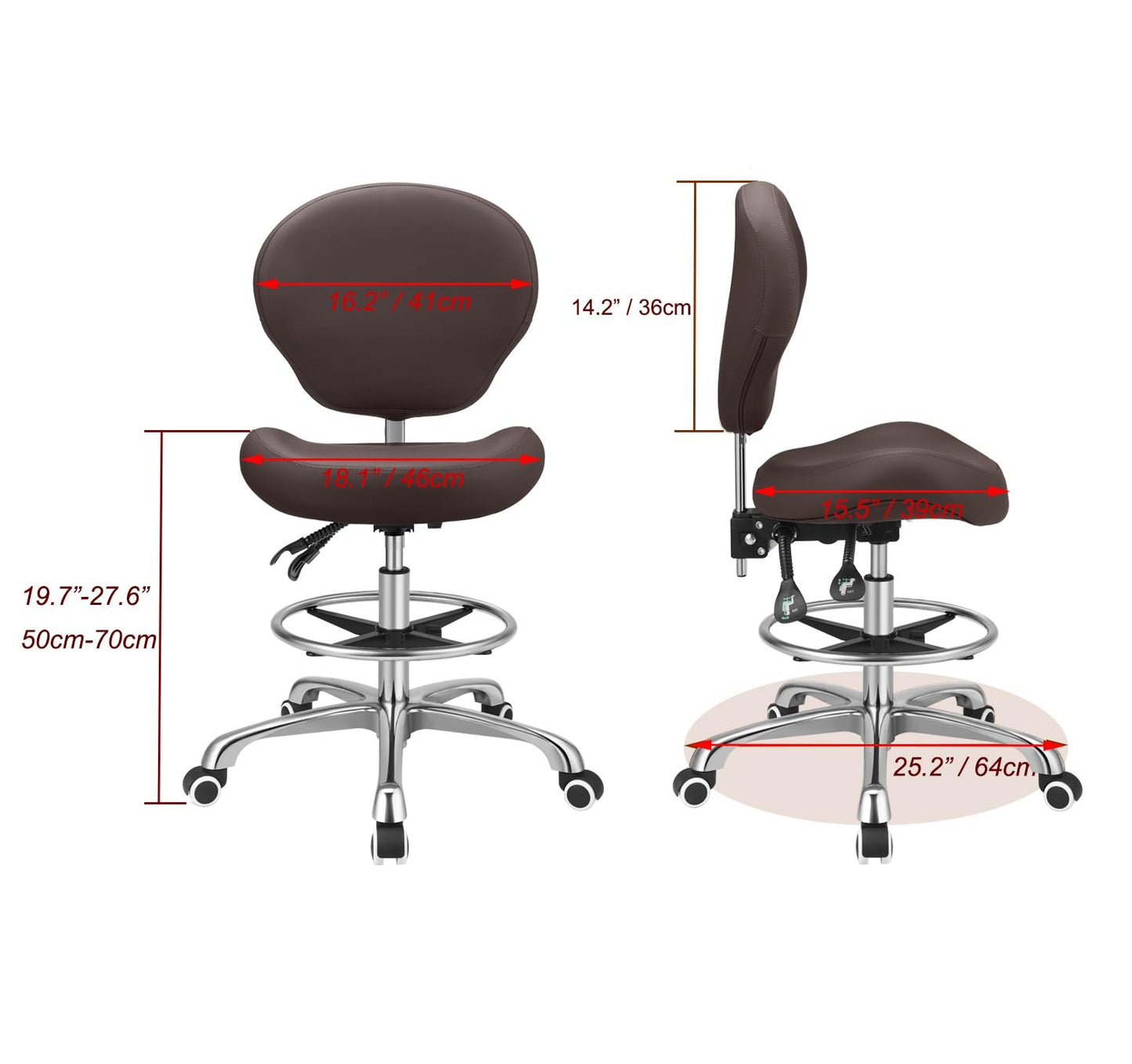Kaleurrier Adjustable Stools Drafting Chair with Backrest & Foot Rest,Tilt Back,Swivel Seat,Rolling Wheels,for Studio,Dental,Office,Salon and Counter,Armless Tall Home Desk Chairs (Brown)
