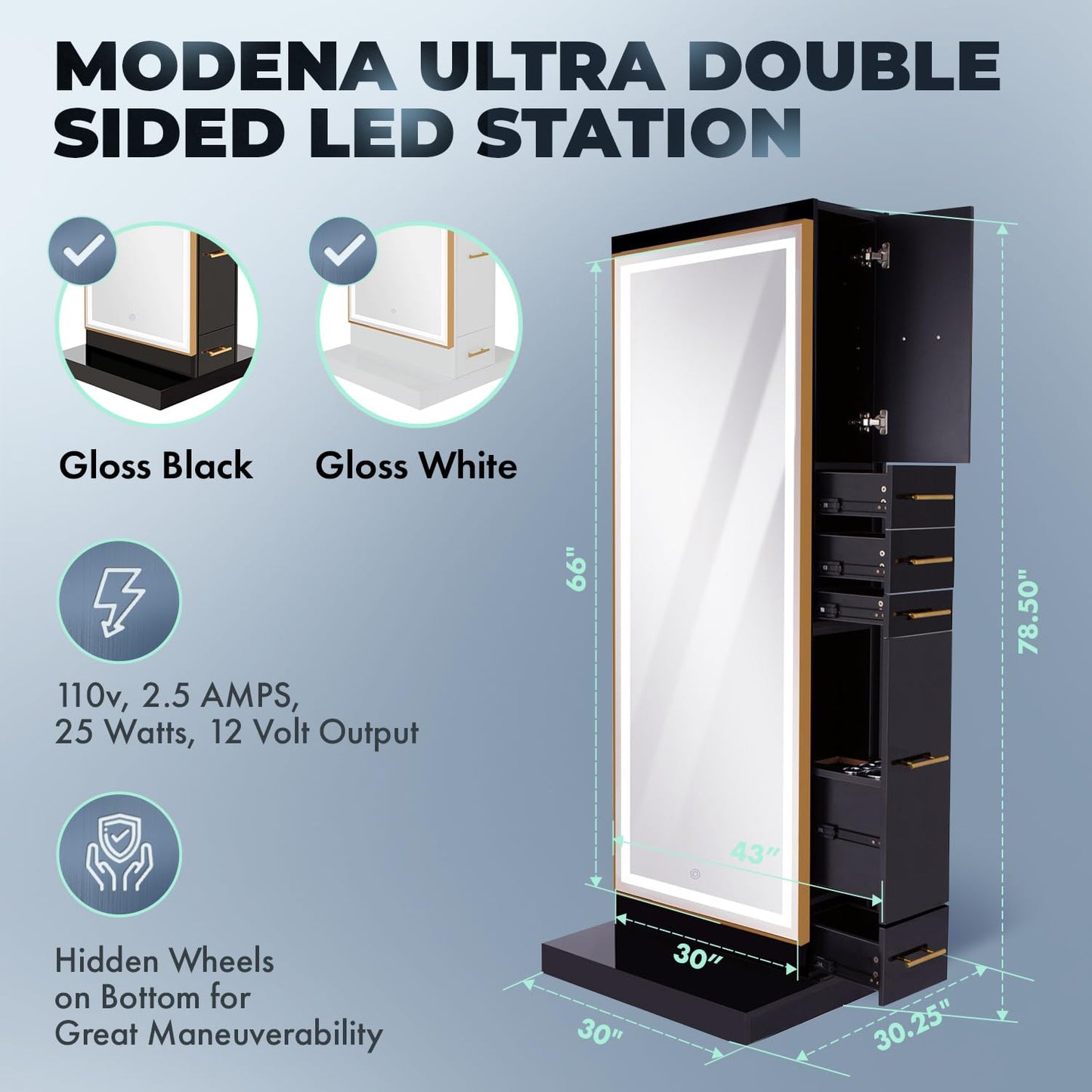 Buy-Rite Salon & Spa Equipment Modena Ultra Double Sided LED Styling Station for Professional Salons and Barbershops, Gold Frame with Gold Handles, NIN-MD-01-ULTRALED (Gloss Black)