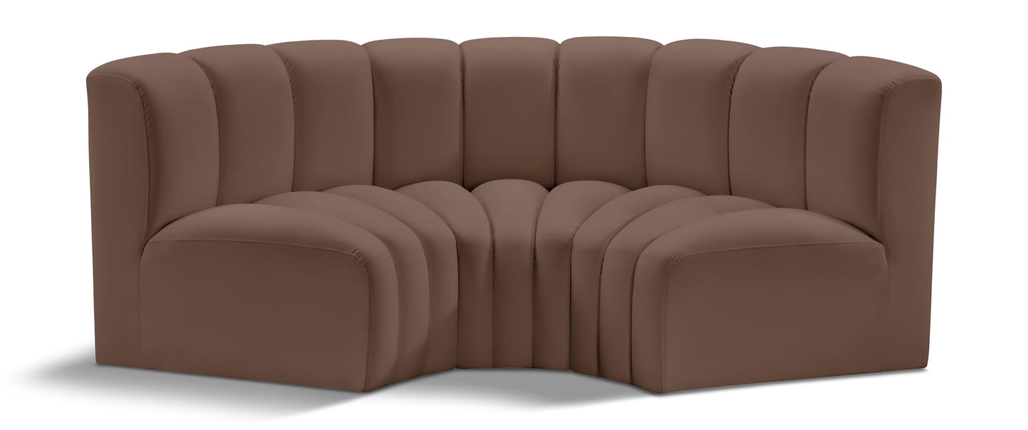 Meridian Furniture 101Brown-S3C Arc Collection Modern | Contemporary Modular Sofa with Soft Brown Vegan Leather, Deep Channel Tufting, Modular Design, 80" W x 37" D x 30" H, Brown