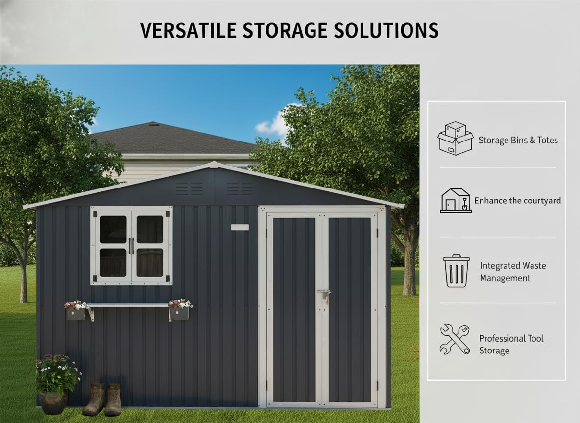 10x8 FT Storage Shed,Outdoor Metal Building Backyard Shed with 2 Clear Openable Windows,Windowsill & Garden Bed Flower Rack,Lockable Double Doors Tool Shed, Heavy Duty Waterproof,for Yard,Coal Gray