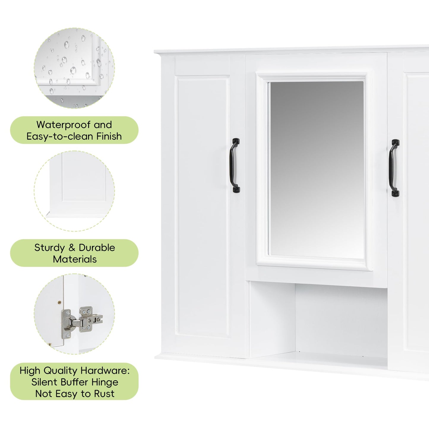 36x28 Inch Medicine Cabinet with Mirror, Wall-Mounted Wood Bathroom Storage Cabinet with Adjustable Shelf and 3 Doors for Laundry Kitchen, White