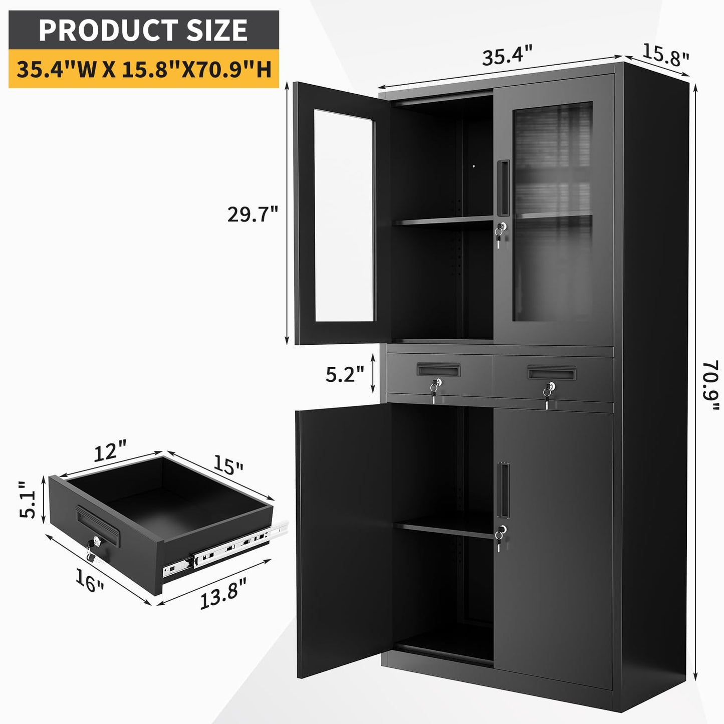 Garvee File Cabinet 2-Drawer Lateral with Lock, Metal Office Filing Cabinet for Letter/Legal/a4, Heavy Duty Storage Organizer, Full Extension Drawers, Anti-Tip Safety, Black, Home Office Organization