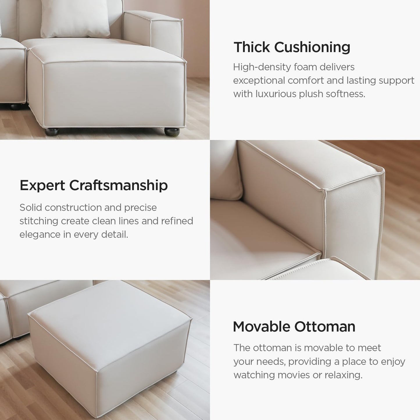 Acanva Luxury Modular Sectional Living Room Sofa Set, Modern Minimalist Style Couch with Ottoman and Chaise, L-Shape, Cream