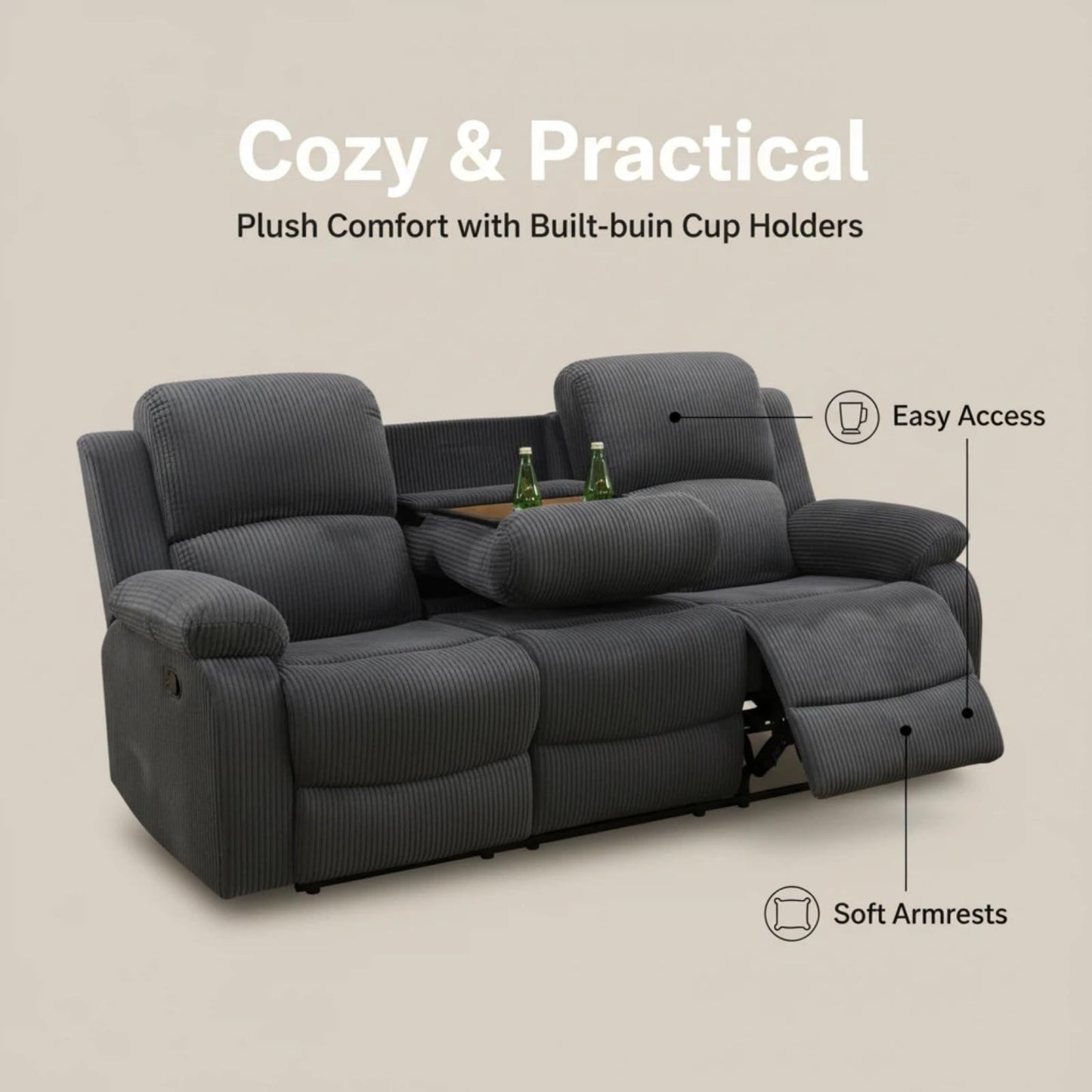 Trygoal Manual Recliner Sofa Set, Corduroy Reclining Living Room Furniture Set, Adjustable Backrest Reclining Chair & a 3 Seater Couch Furniture Set for Living Room & Home Theater, Dark Grey