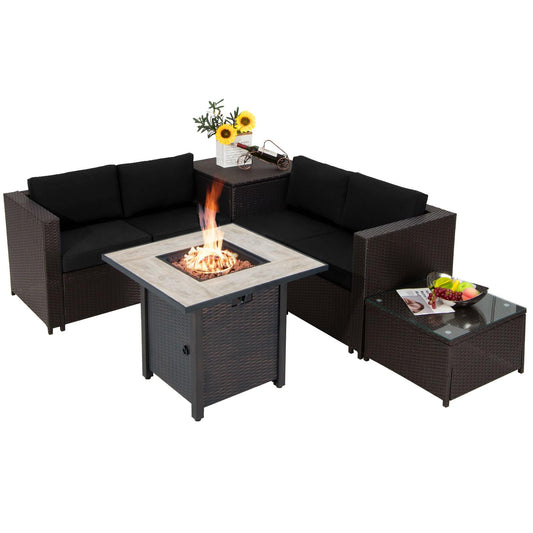 Tangkula 5-Piece Patio Furniture Set with 30 Inches Gas Fire Pit Table, Outdoor Wicker Conversation Sectional Sofa Set with Storage Box and Coffee Table, 50,000 BTU Propane Fire Pit Table (Black)