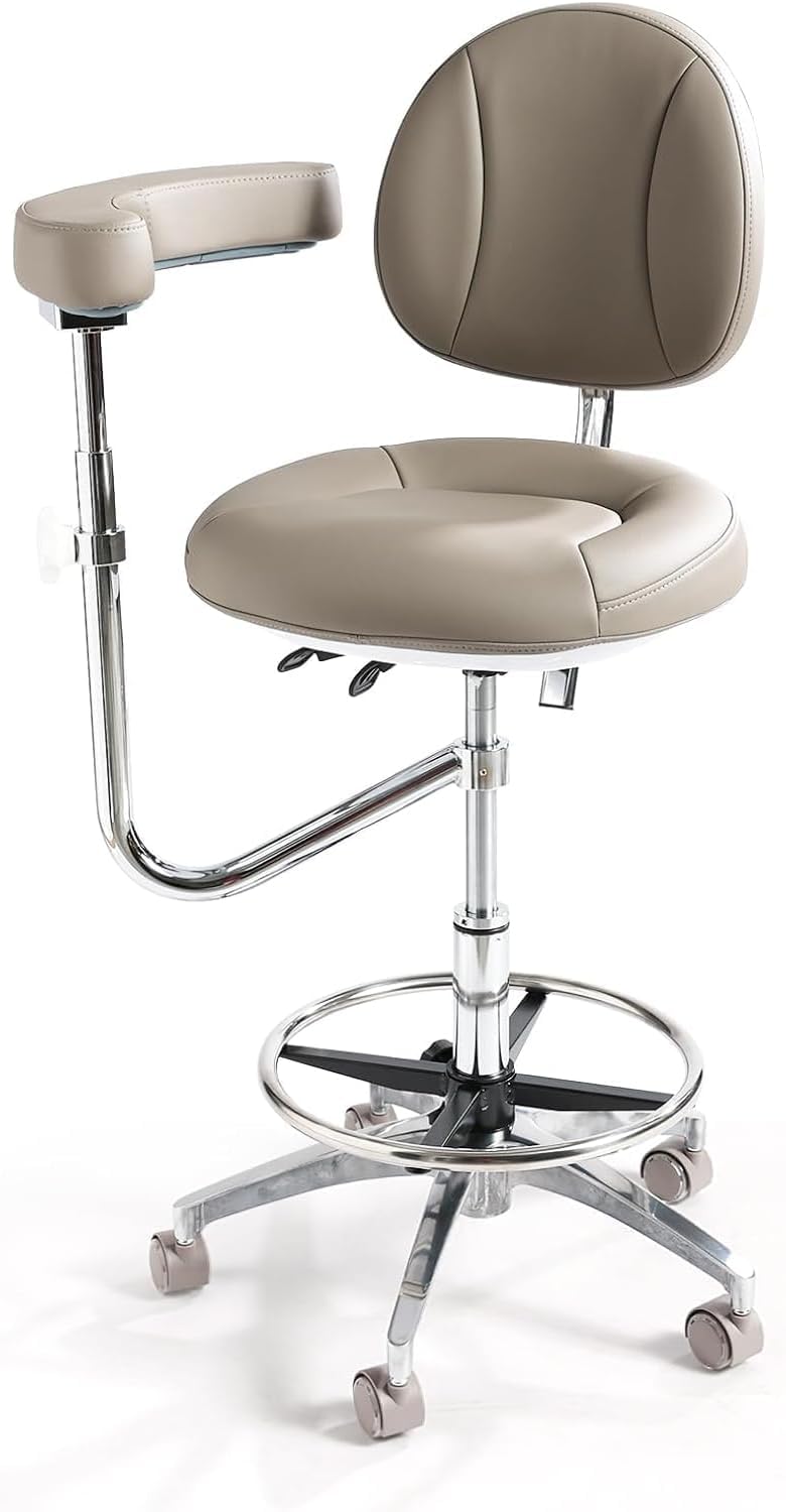 Professional Dental Stool with Adjustable Armrest & 125° Synchro Tilt-Back – Height Adjustable Rolling Medical Chair with Lumbar Support, 400 lbs Capacity – for Dentist, Hygienist, Tattoo, Salon-Grey