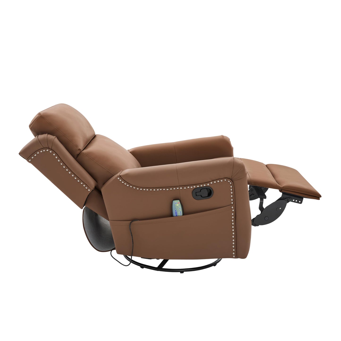 Merax Modern Manual Recliner Chair with Massage & Heat, 270° Swivel Rocking Chair, PU Leather Upholstered Home Theater Recliner with Storage Pocket, Adjustable Backrest for Living Room, Brown