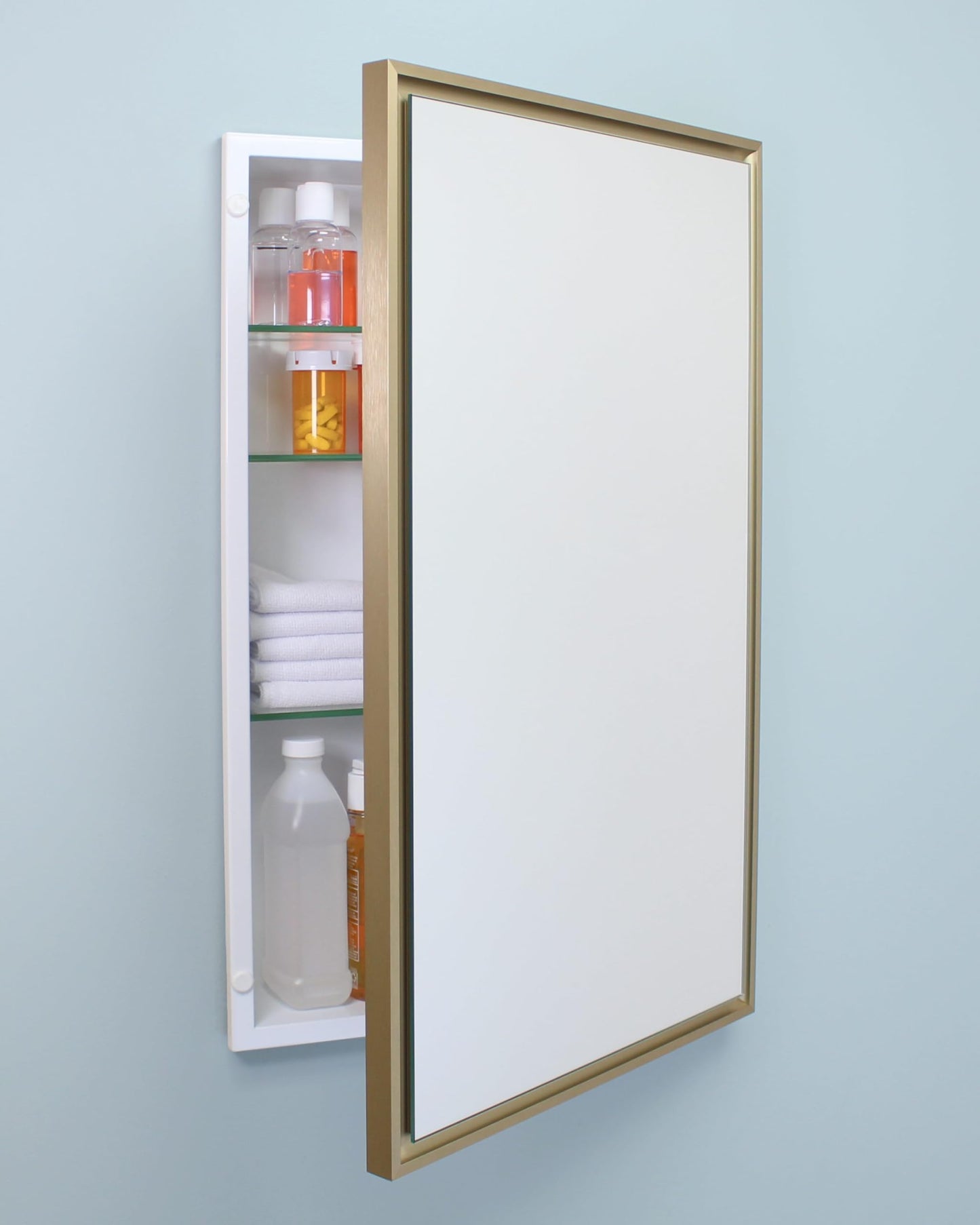 Fox Hollow Furnishings 16x26 Parker Metro Metal Framed Rectangle Recessed Bathroom Medicine Cabinet, Floating Mirror, 14x24 in-Wall Opening, Steel, Adjustable Glass Shelves, Magnet Close, Gold