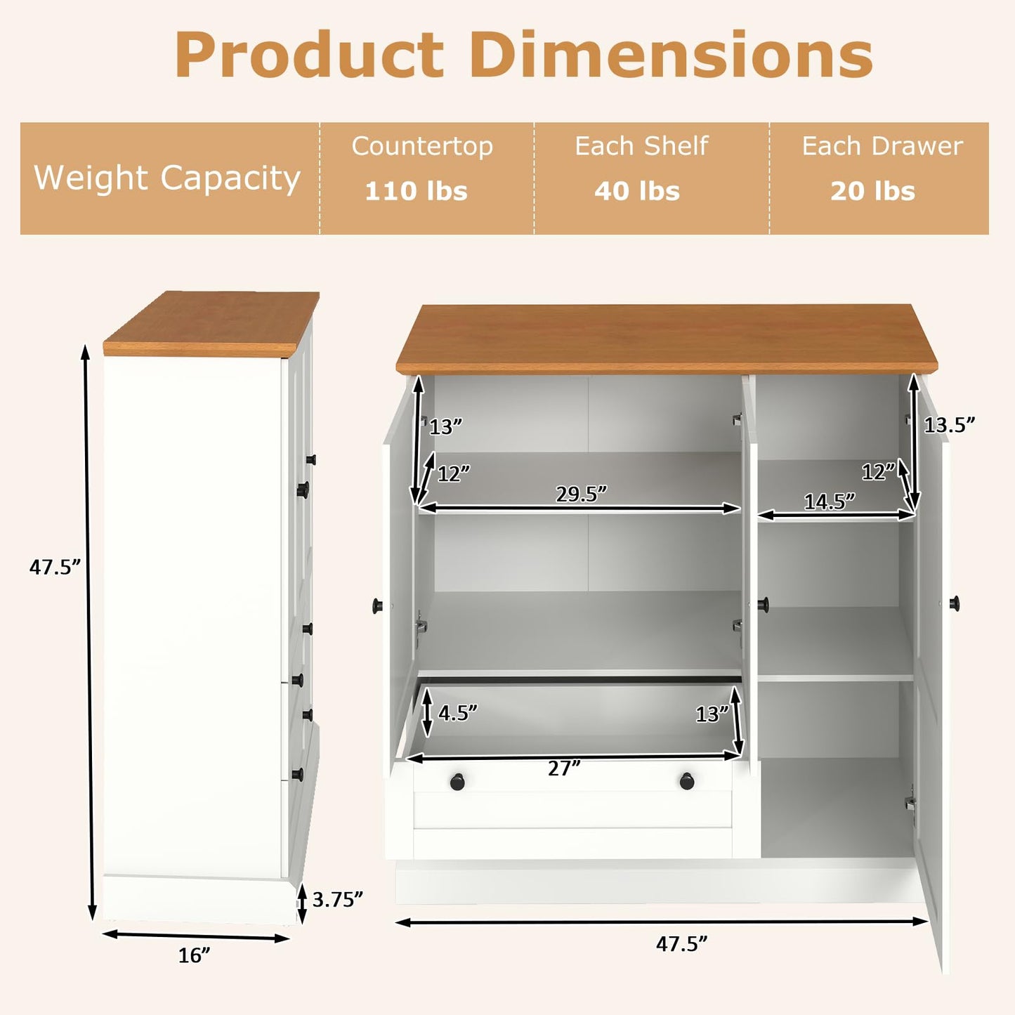 LOKO 47.5” Tall Buffet Cabinet with Storage, Modern Storage Cabinet with 3 Doors & 2 Large Drawers, Farmhouse Kitchen Pantry with Removable Shelf for Dining Room, Living Room, Home Bar