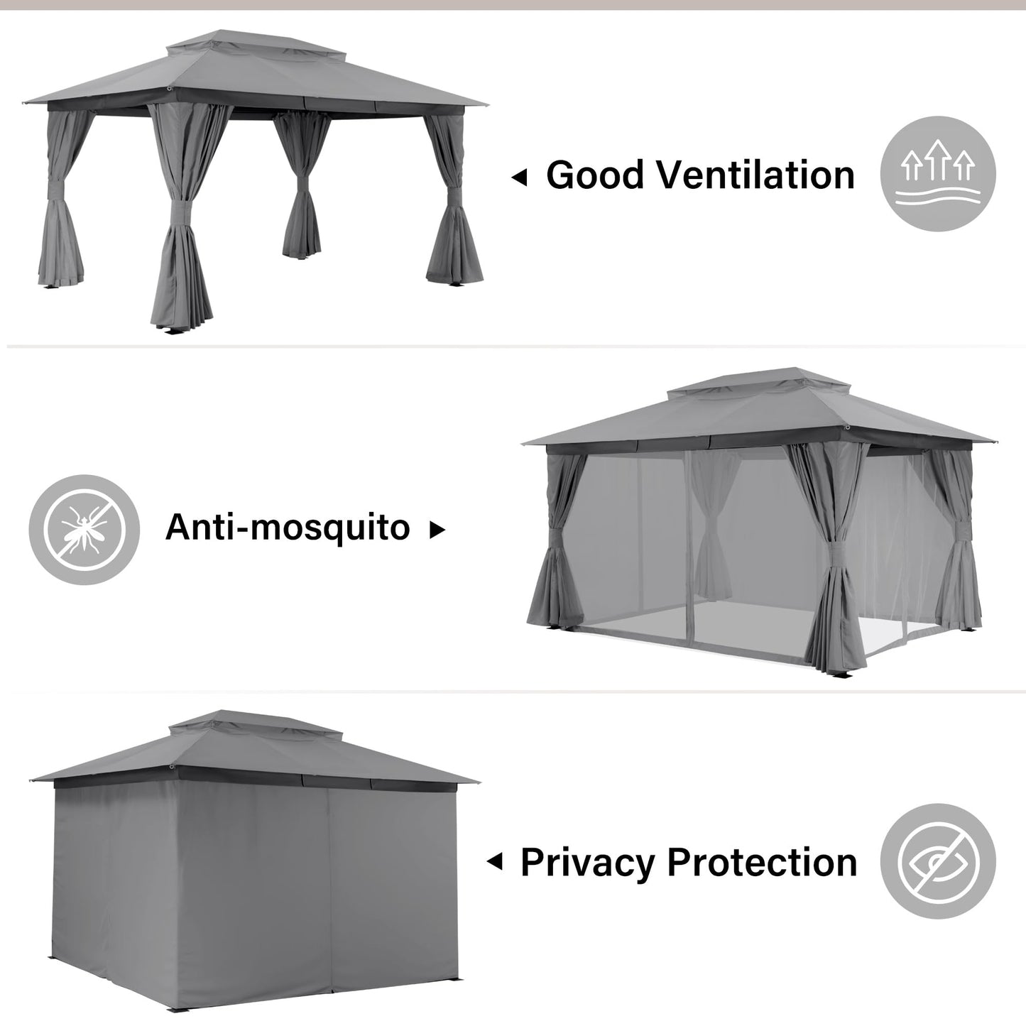 LAUSAINT HOME Patio Gazebo 10'x13', Outdoor Heavy Duty Party Tent Shelter with Double Roofs, Mosquito Nettings and Privacy Screens for Backyard, Garden, Lawn, Gray